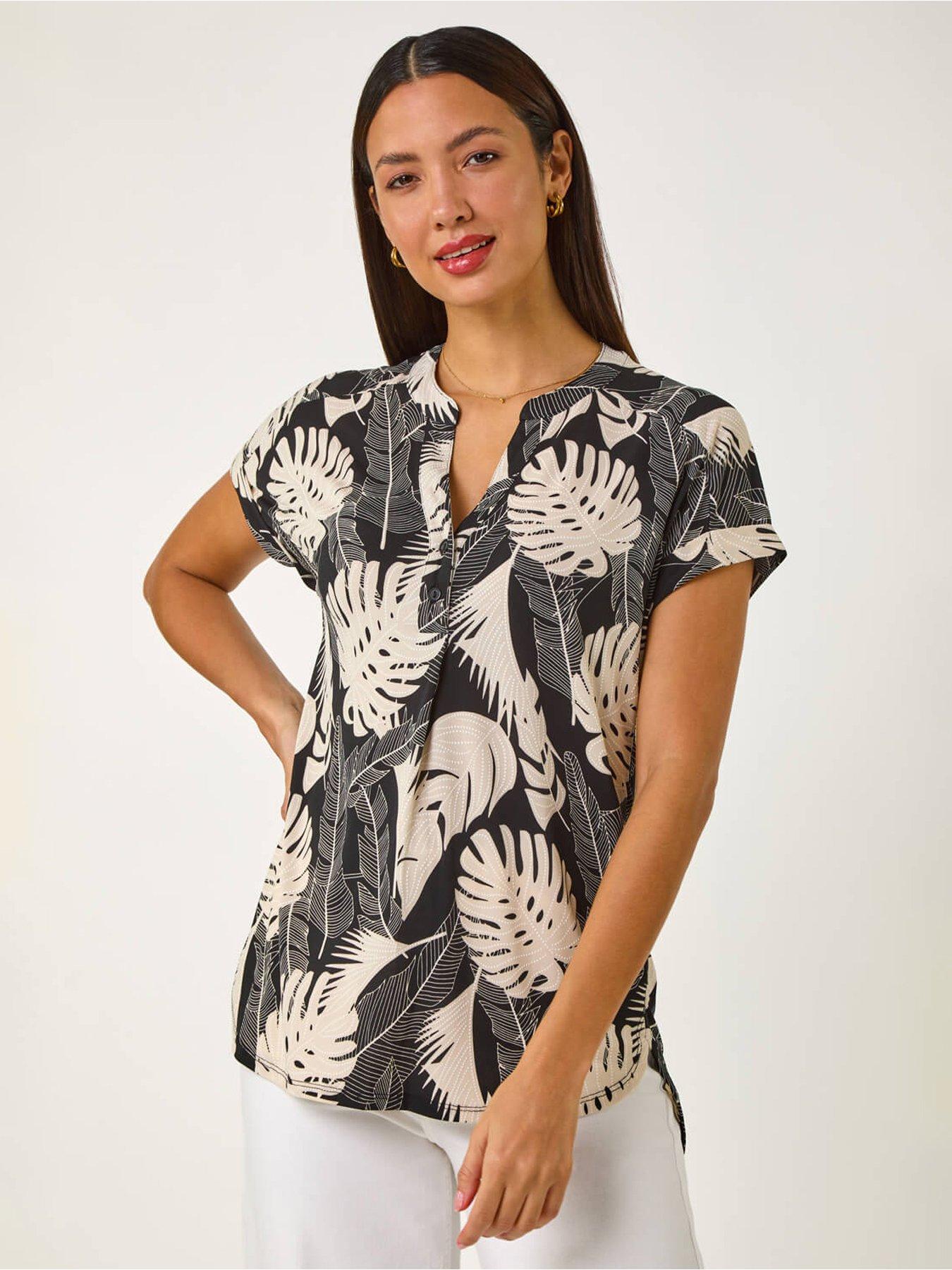  image of roman-textured-leaf-print-v-neck-stretch-top-stone