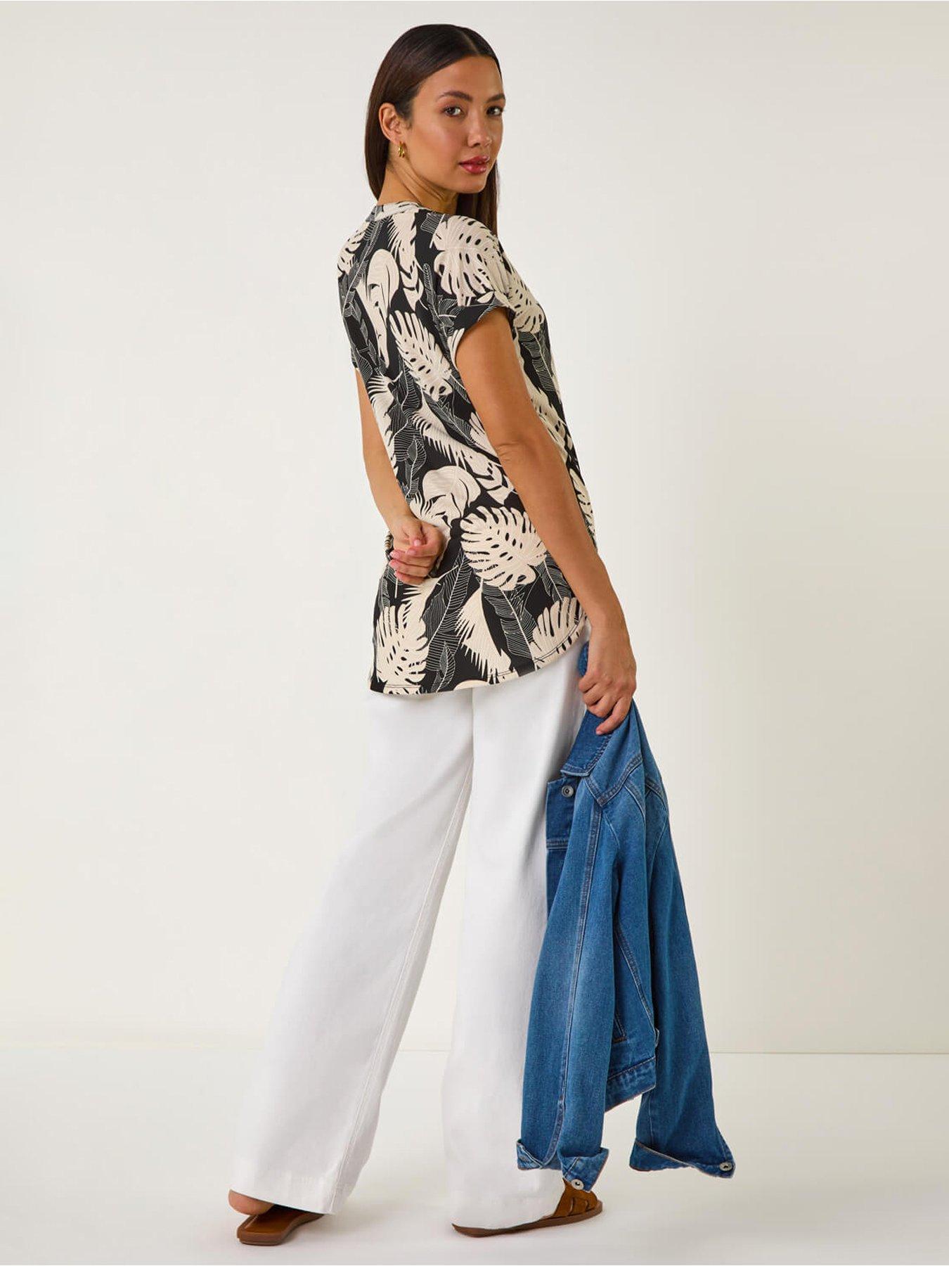  image of roman-textured-leaf-print-v-neck-stretch-top-stone