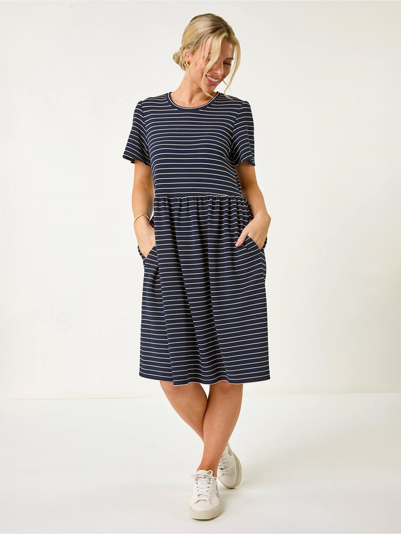 undefined Petite Stripe Stretch Pocket Dress - Navy