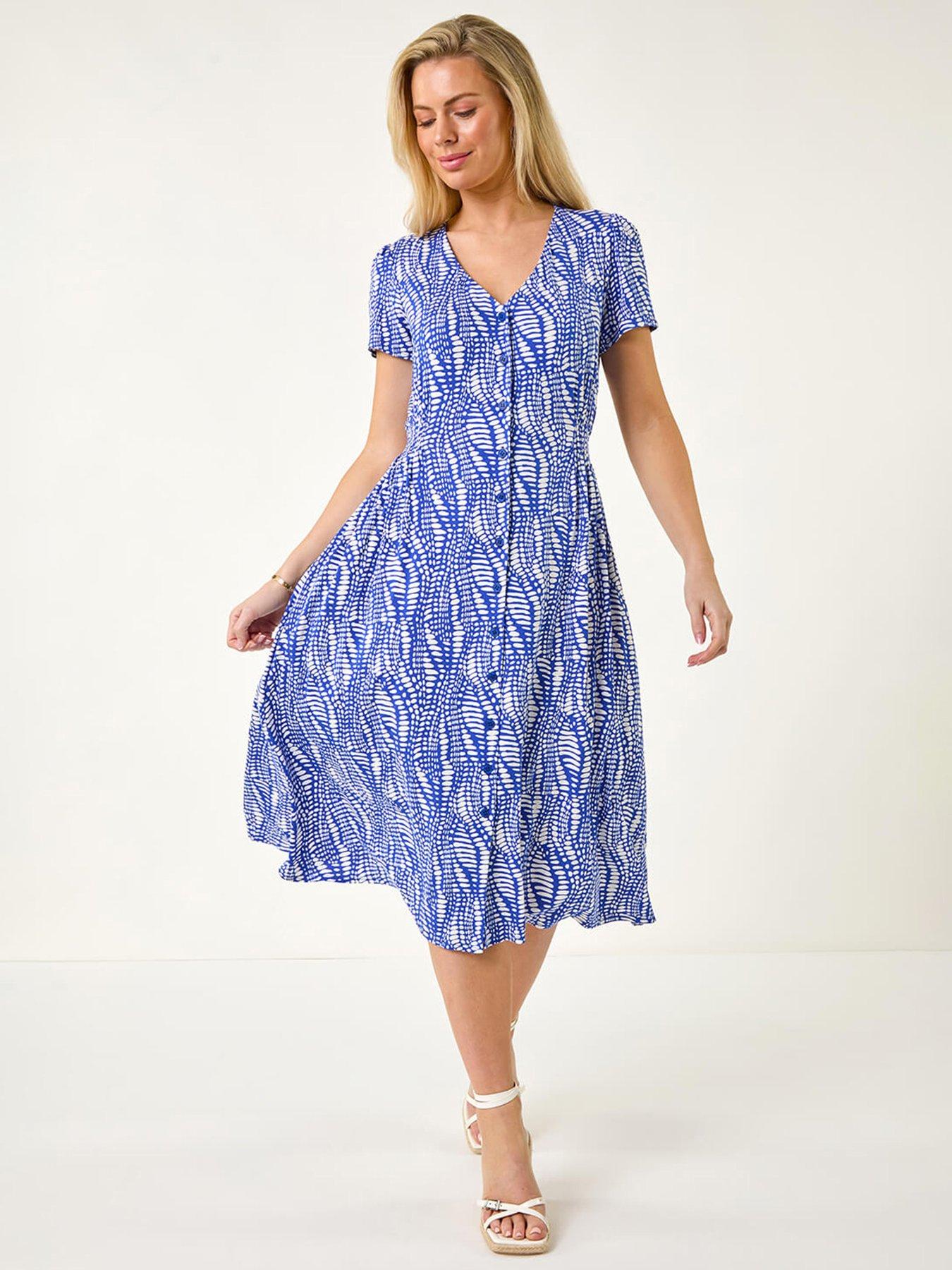 undefined Petite Shirred Waist Button Dress - Blue
