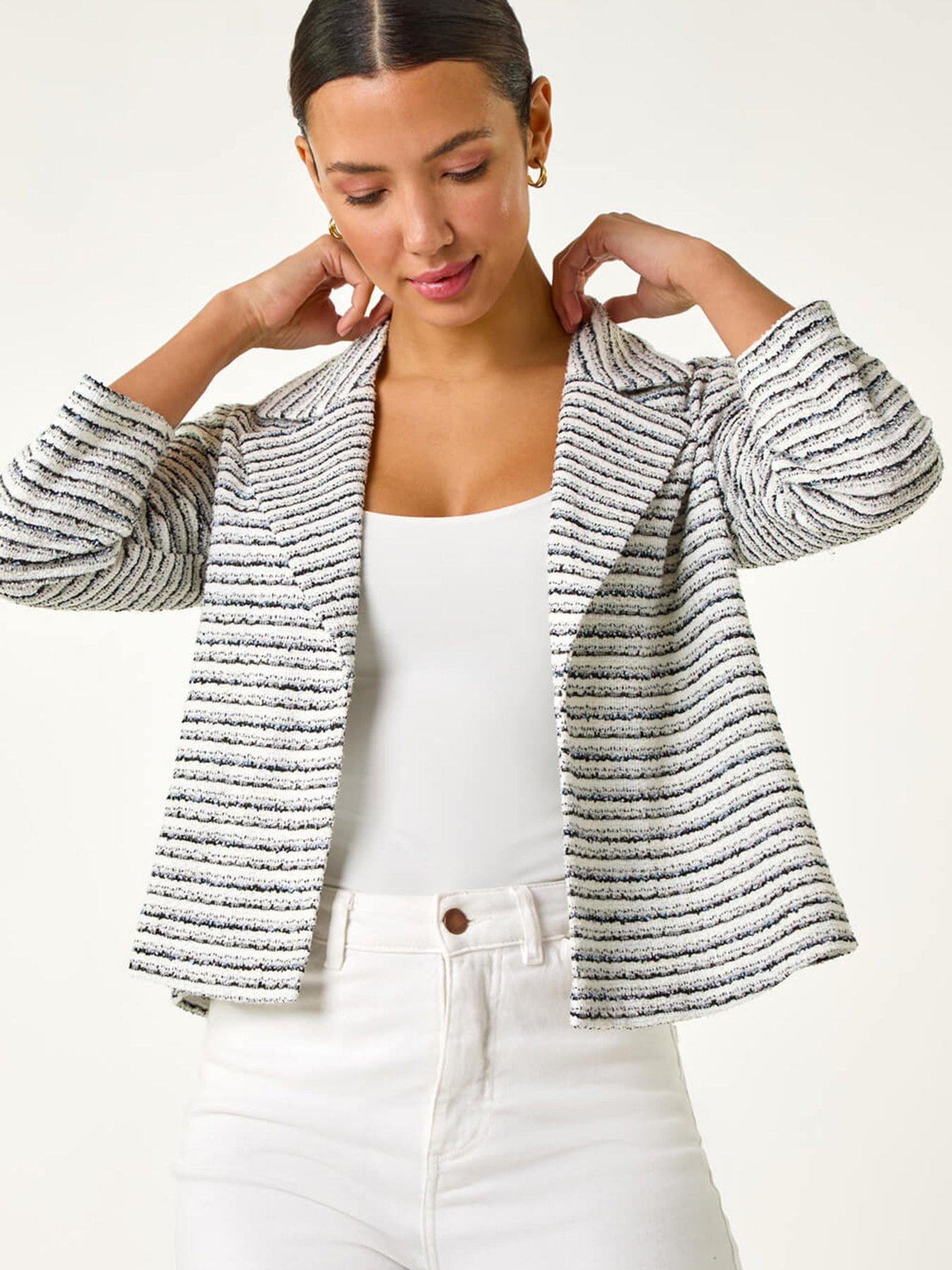 undefined Textured Stripe Collar & Revere Blazer  - Ivory