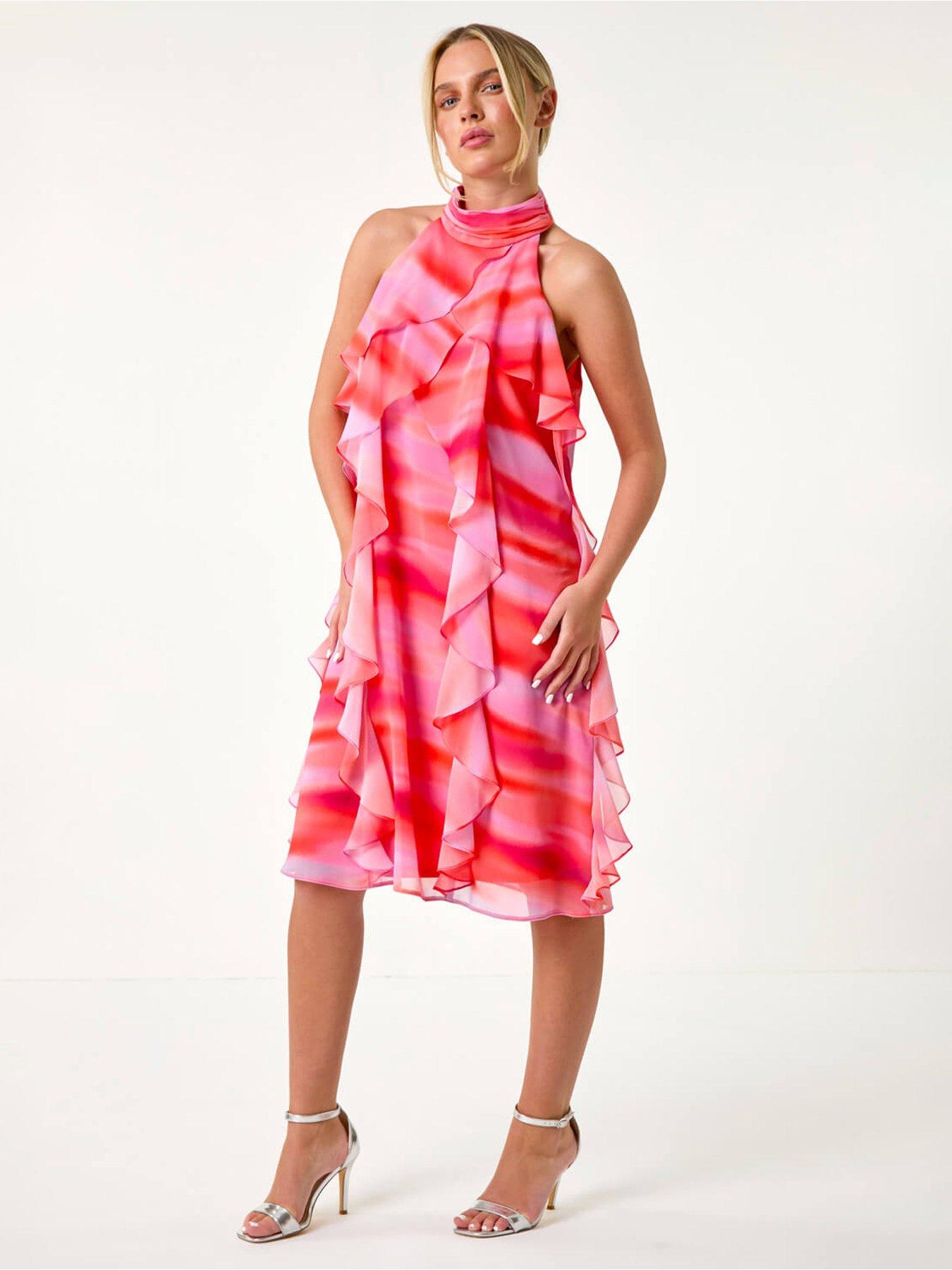 Roman Petite Abstract Halter Neck Ruffle Dress - Orange