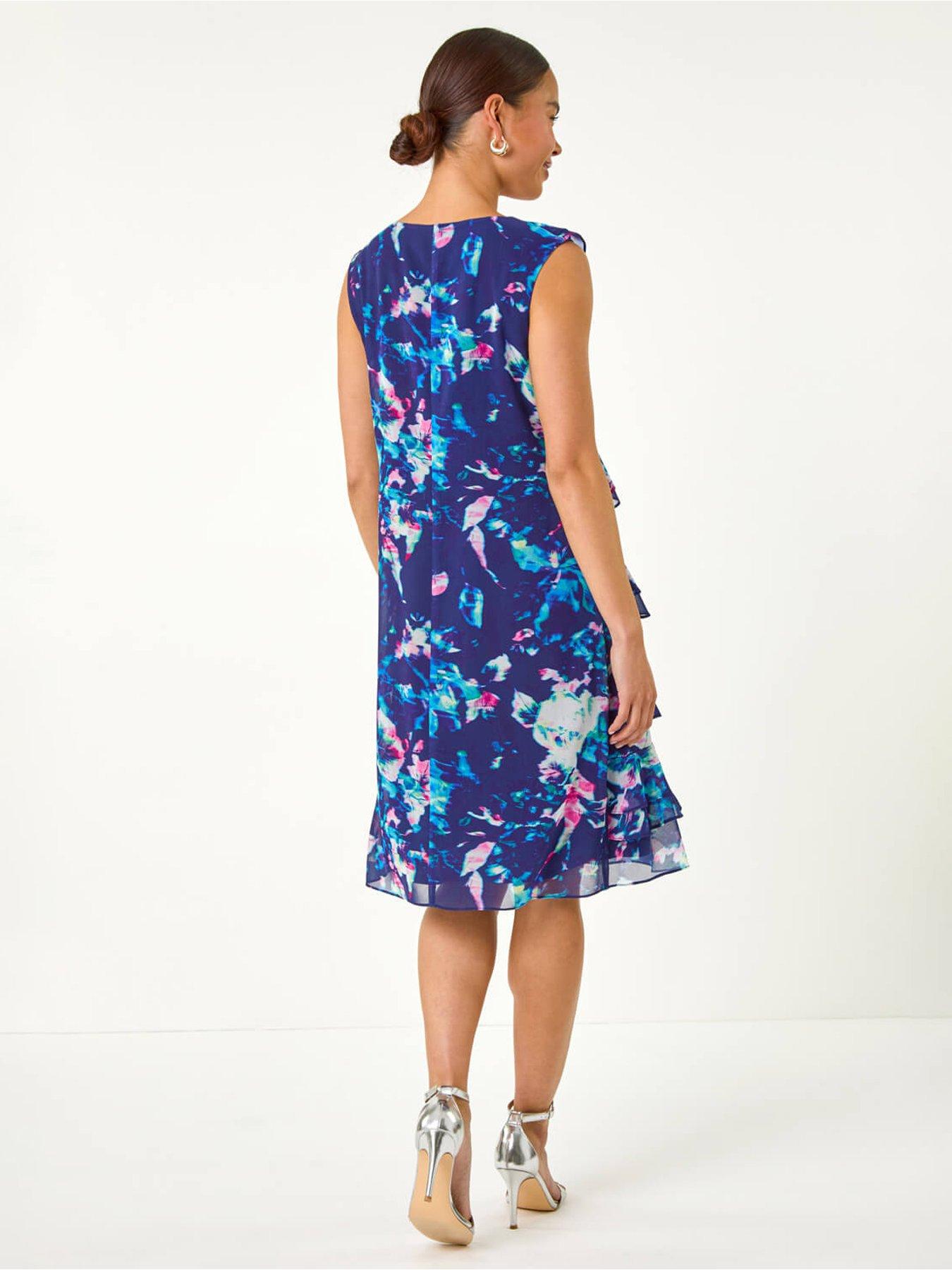 Image 2 of 5 of Roman Petite Abstract Print Ruffle Shift Dress - Navy