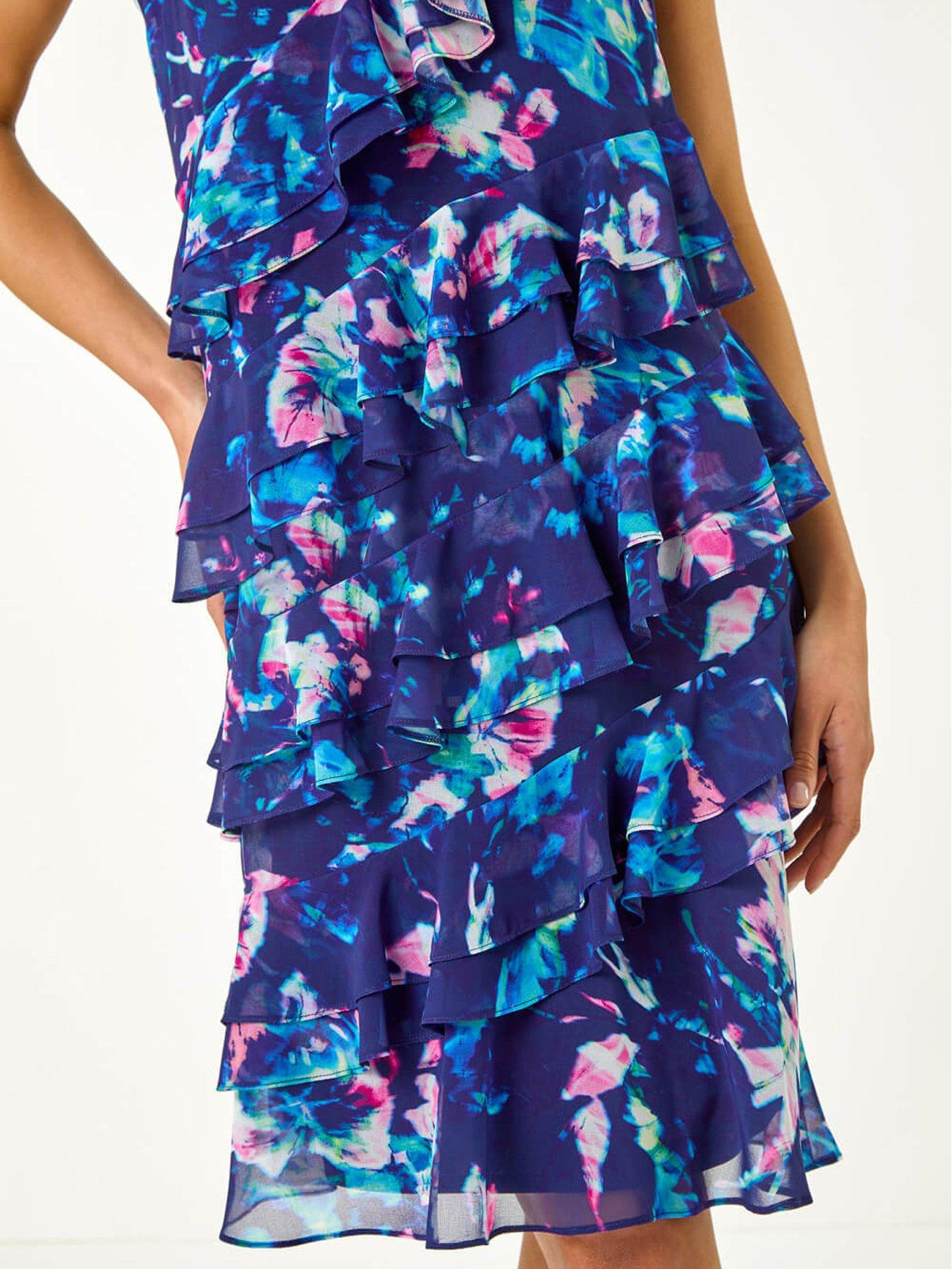 Image 5 of 5 of Roman Petite Abstract Print Ruffle Shift Dress - Navy