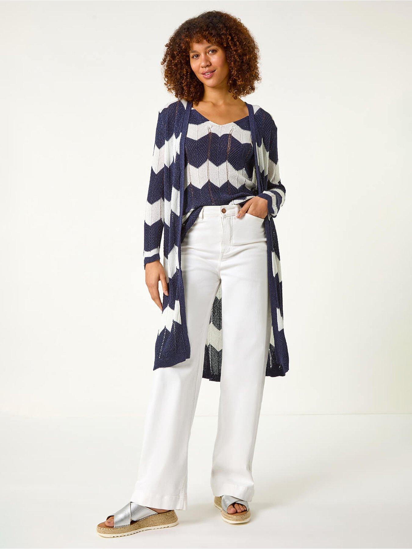  image of roman-chevron-stripe-shimmer-longline-cardigan-navy