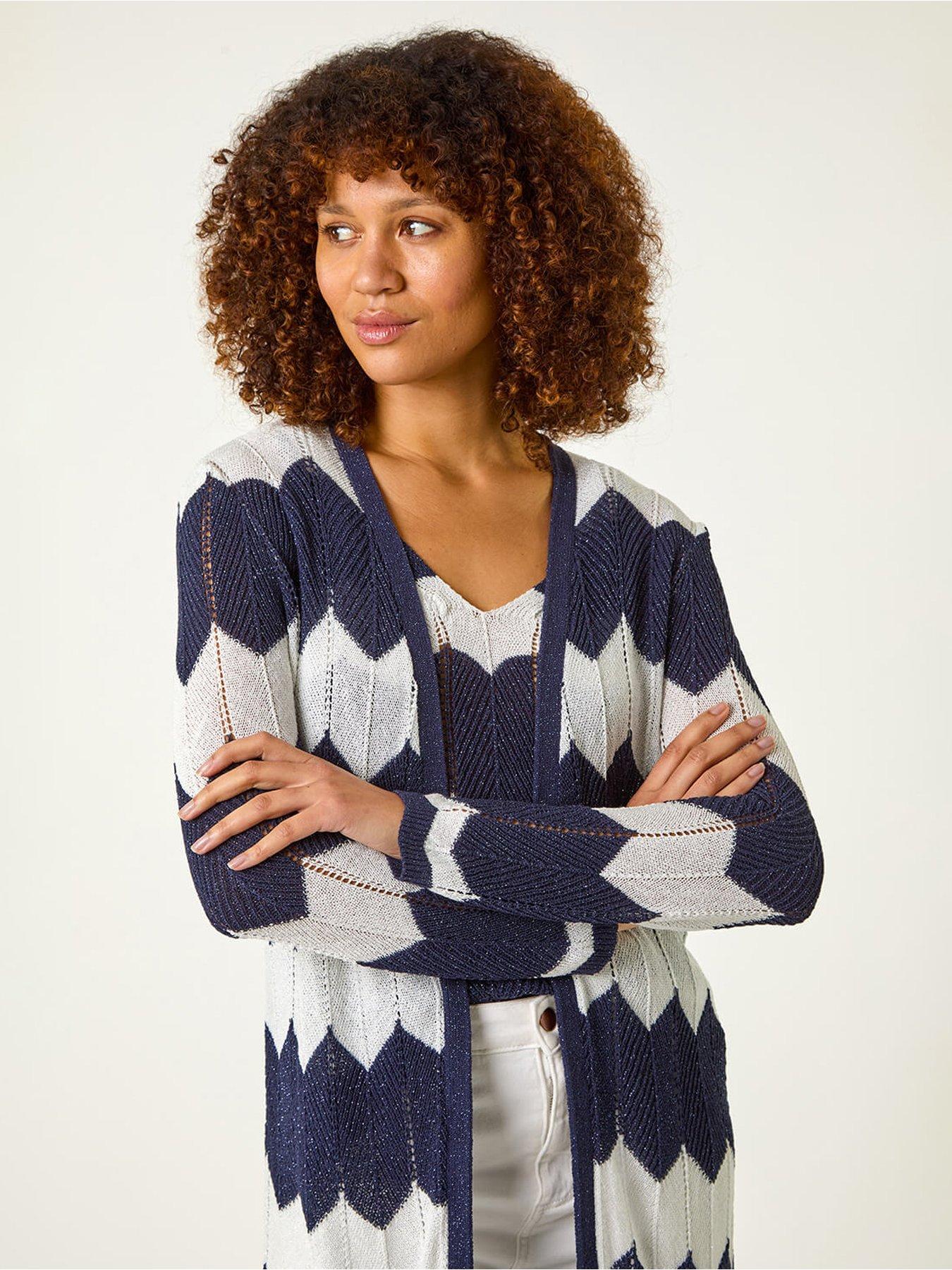  image of roman-chevron-stripe-shimmer-longline-cardigan-navy