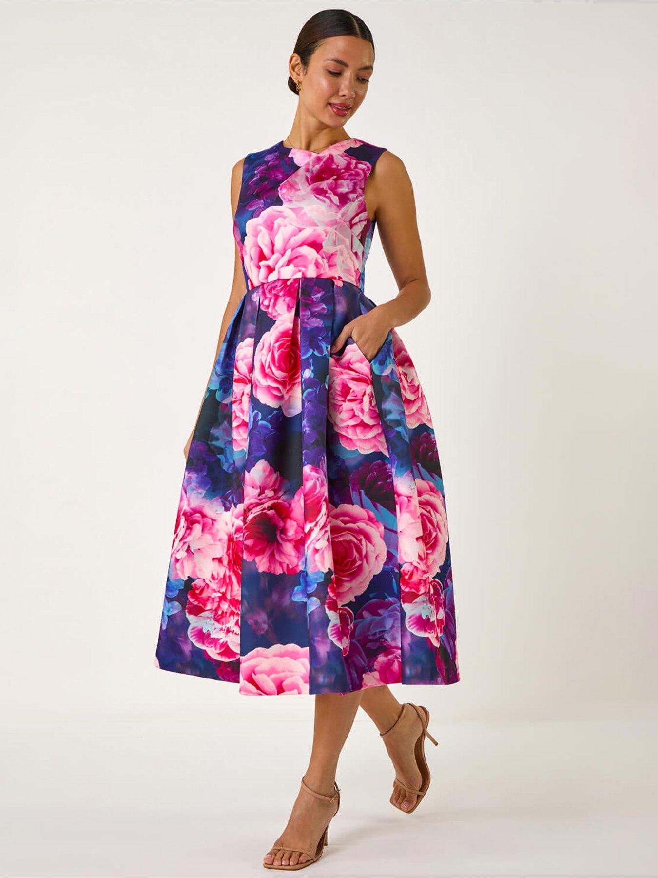 undefined Rose Print Pleated Scuba Midi Dress