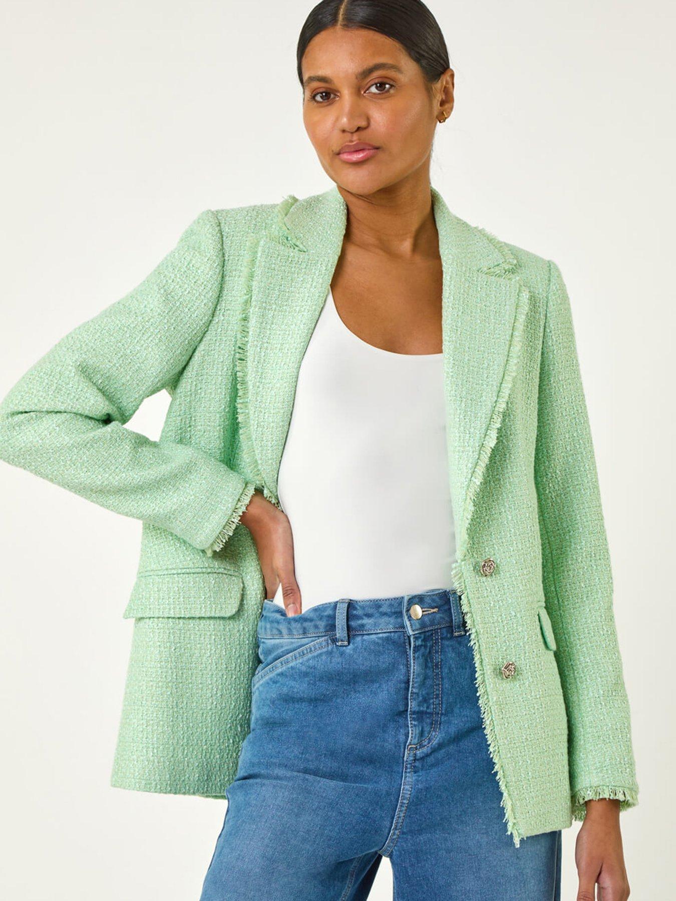 undefined Textured Frayed Edge Boucle Button Jacket - Mint