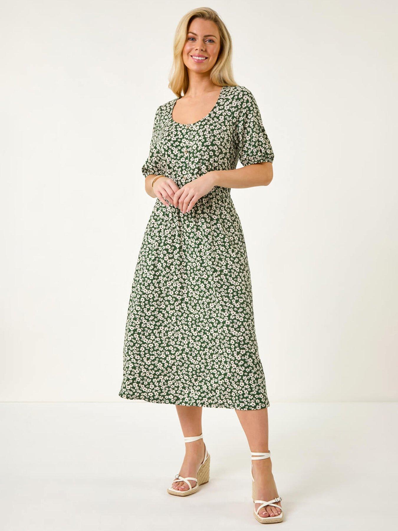undefined Petite Floral Print Button Midi Dress - Khaki