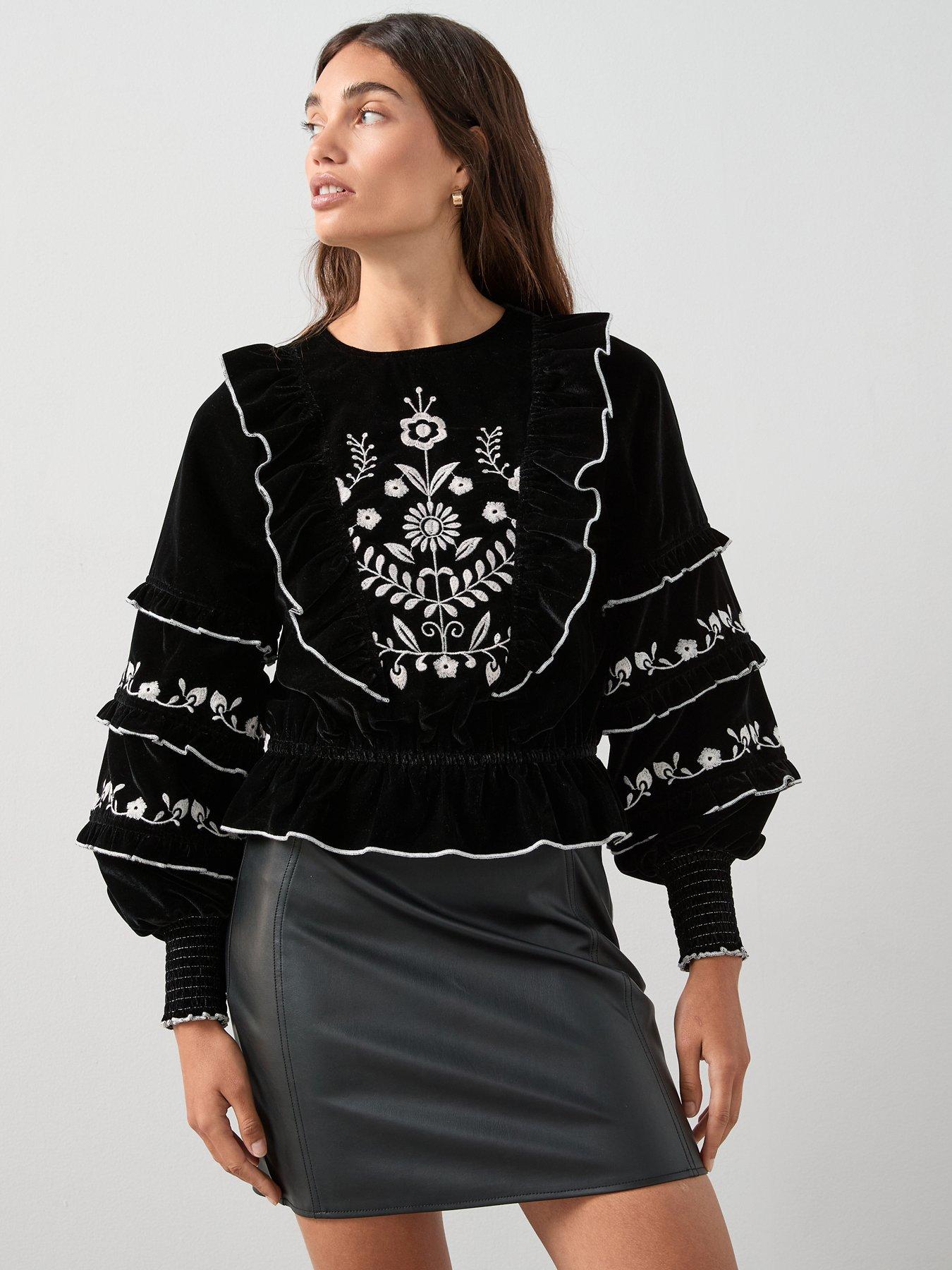 undefined Velvet Embroidered Blouse - Black