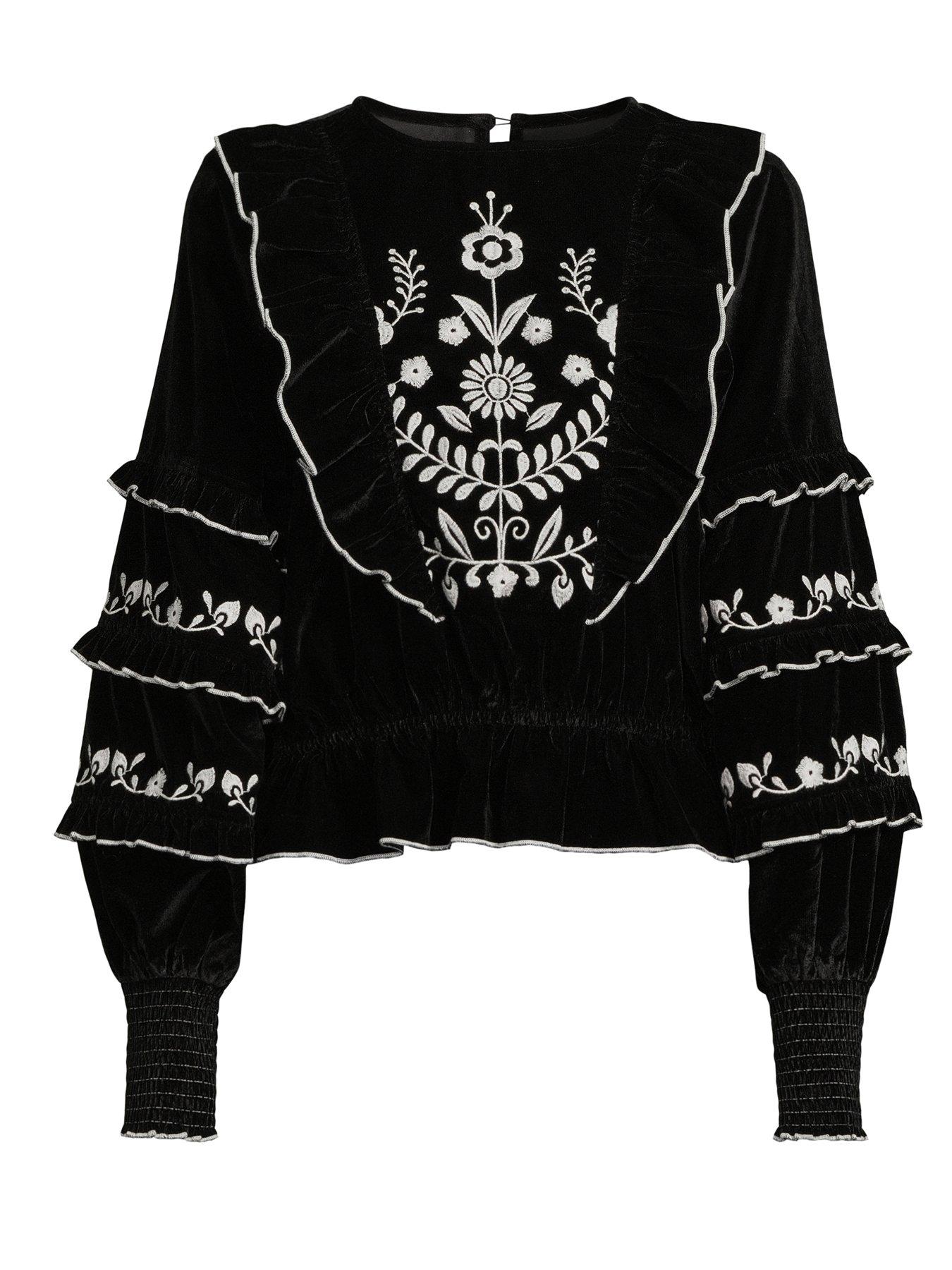 Image 7 of 7 of The Very Collection Velvet Embroidered Blouse - Black
