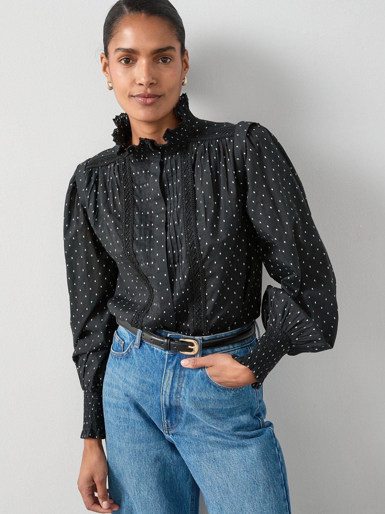 undefined Polka Dot Frill High Neck Detail Blouse - Black