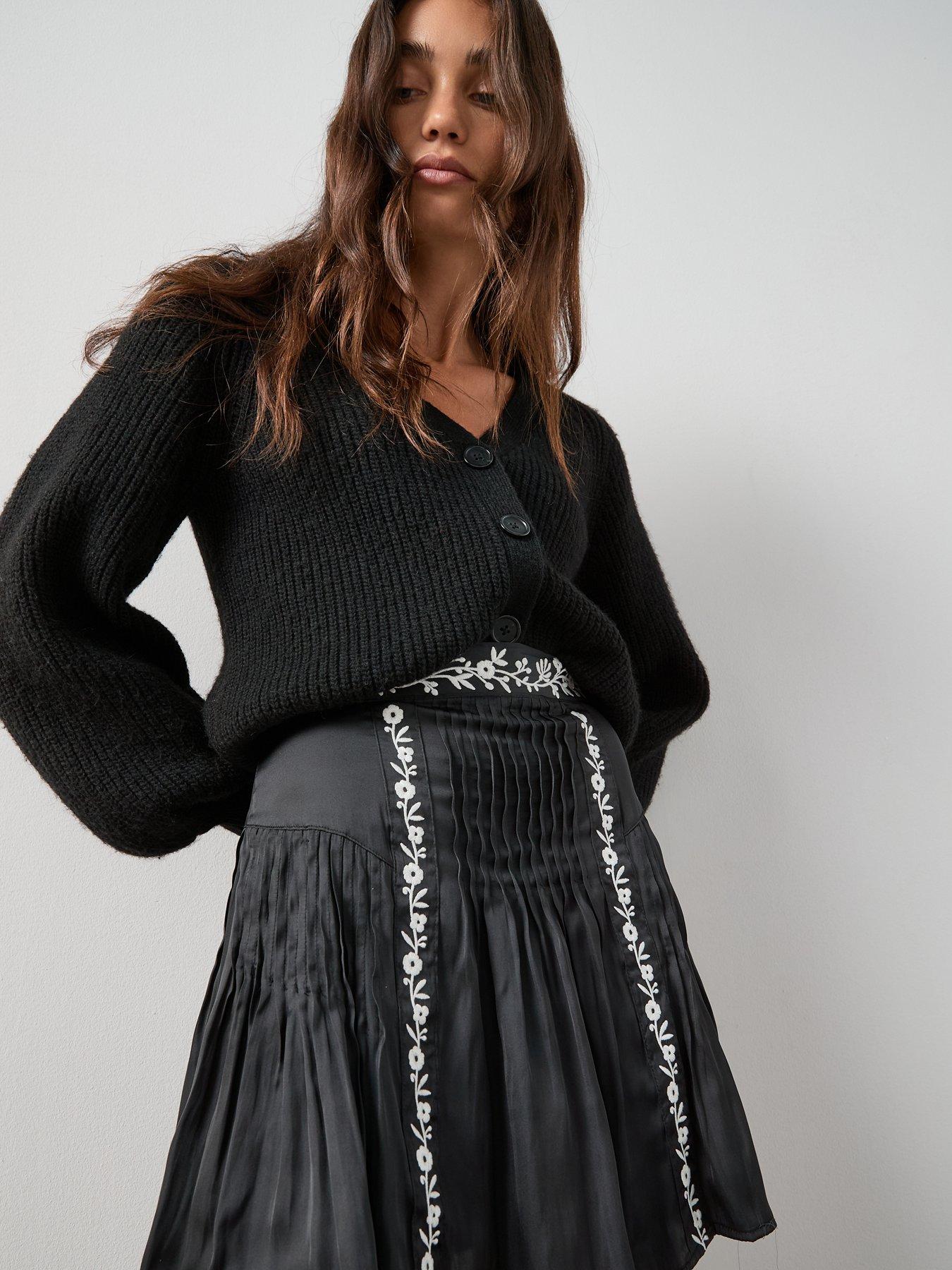 Image 5 of 7 of The Very Collection Pleated Embroidered Skater Skirt - Black