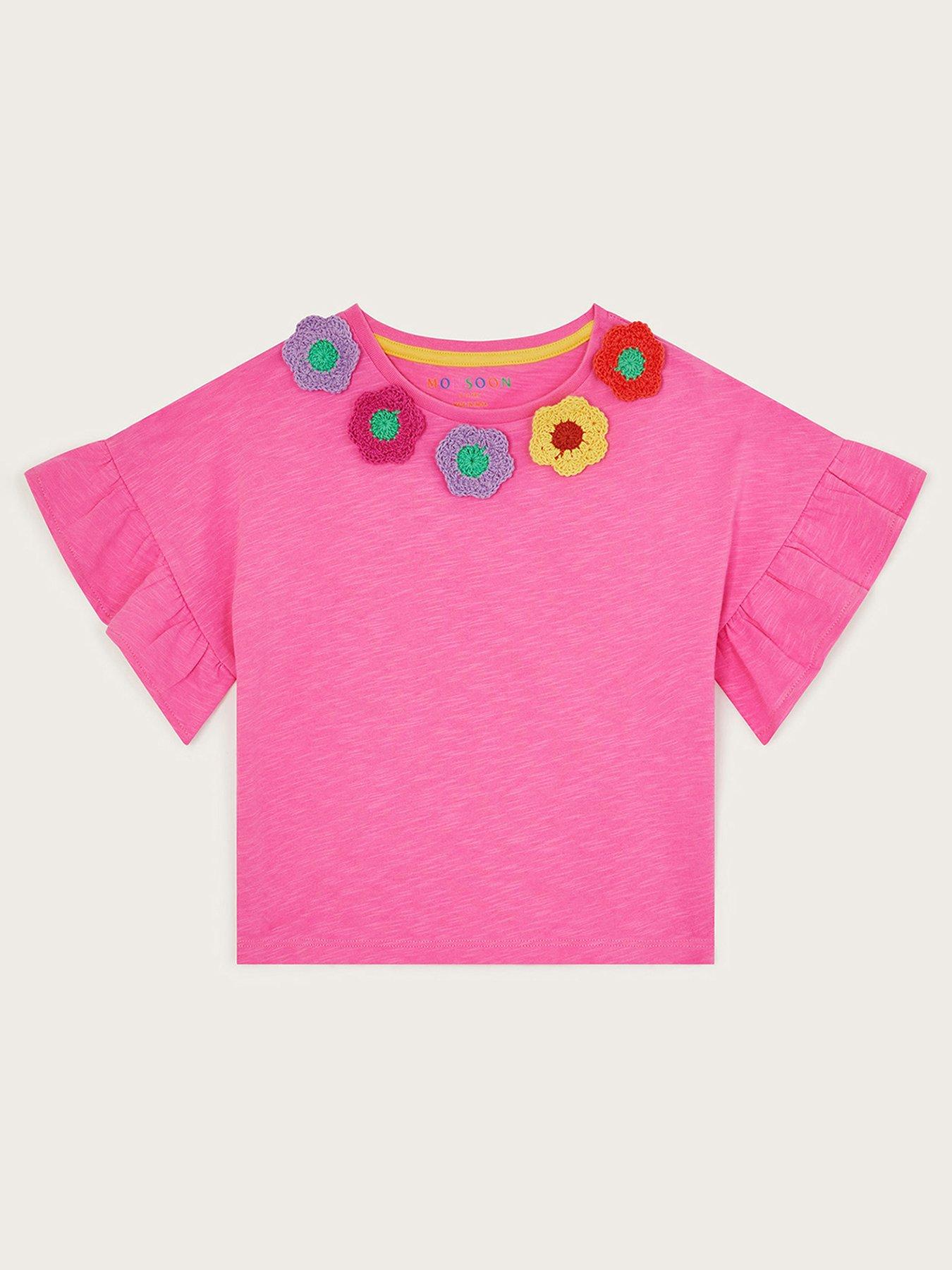 front image of monsoon-girls-crochet-flower-frilly-t-shirt-pink