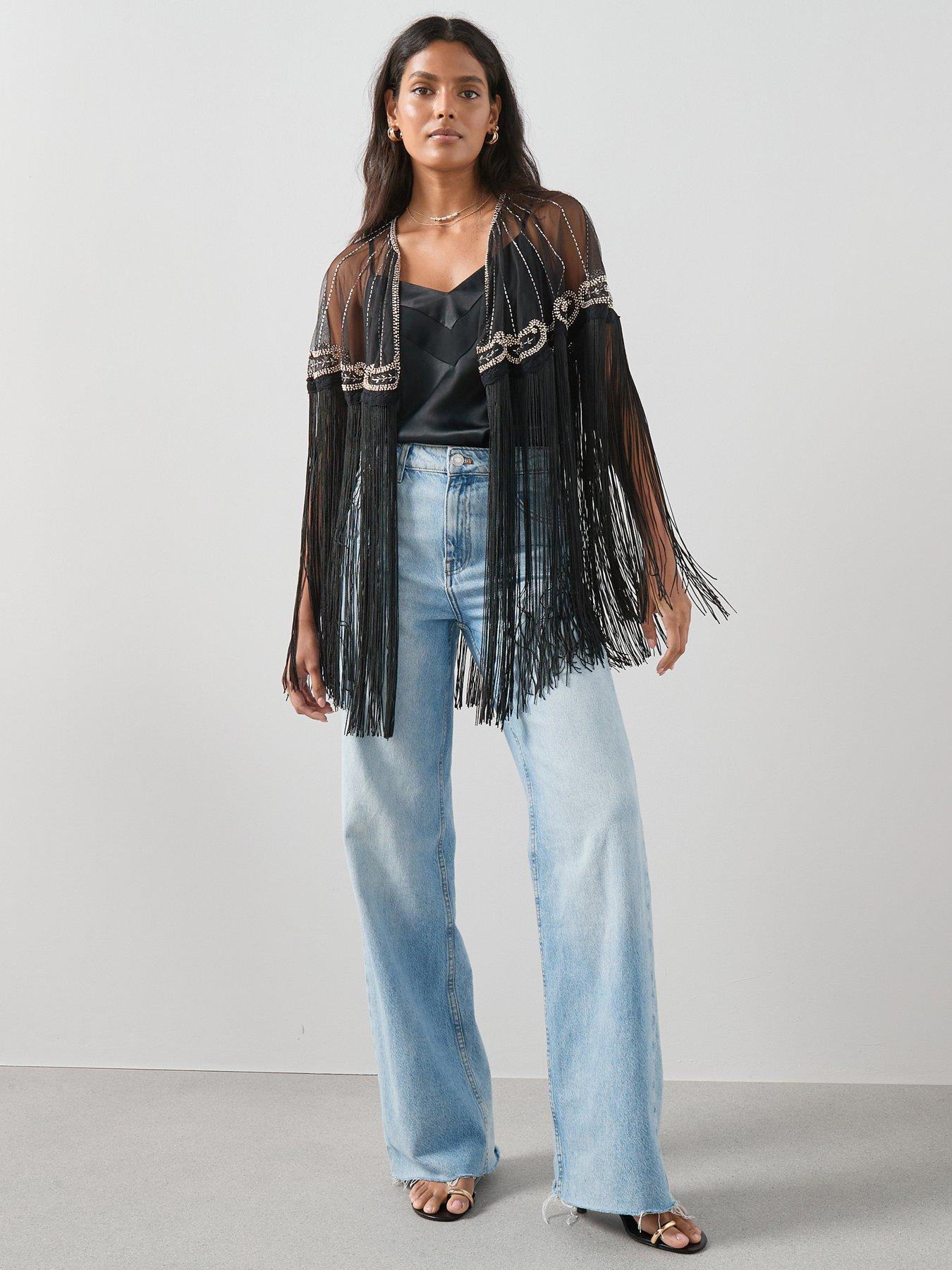 The Very Collection Embellished Detail Fringe Cape - Black
