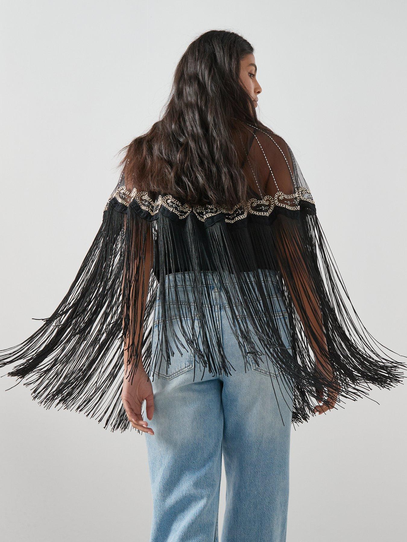 stillFront image of the-very-collection-embellished-detail-fringe-cape-black
