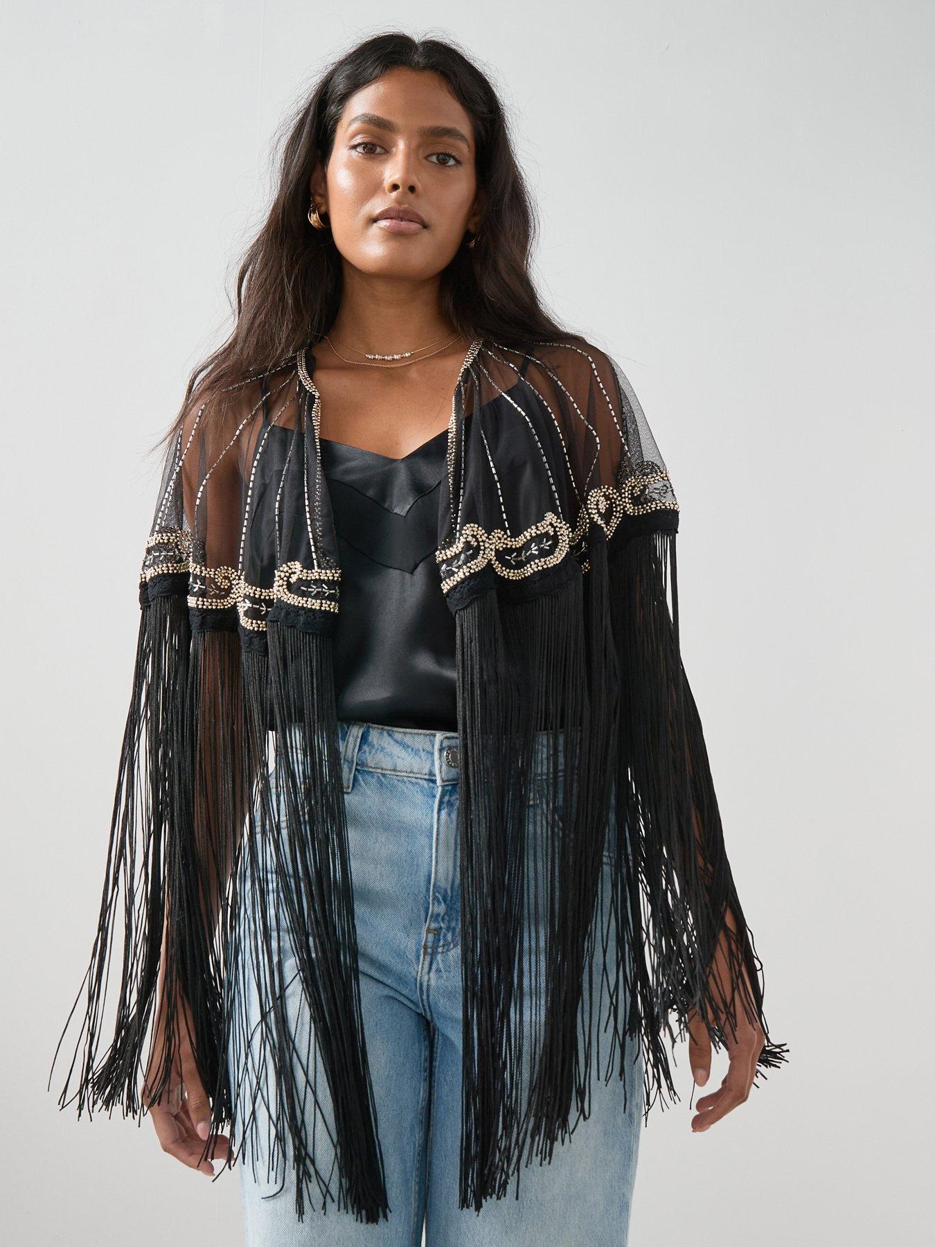  image of the-very-collection-embellished-detail-fringe-cape-black