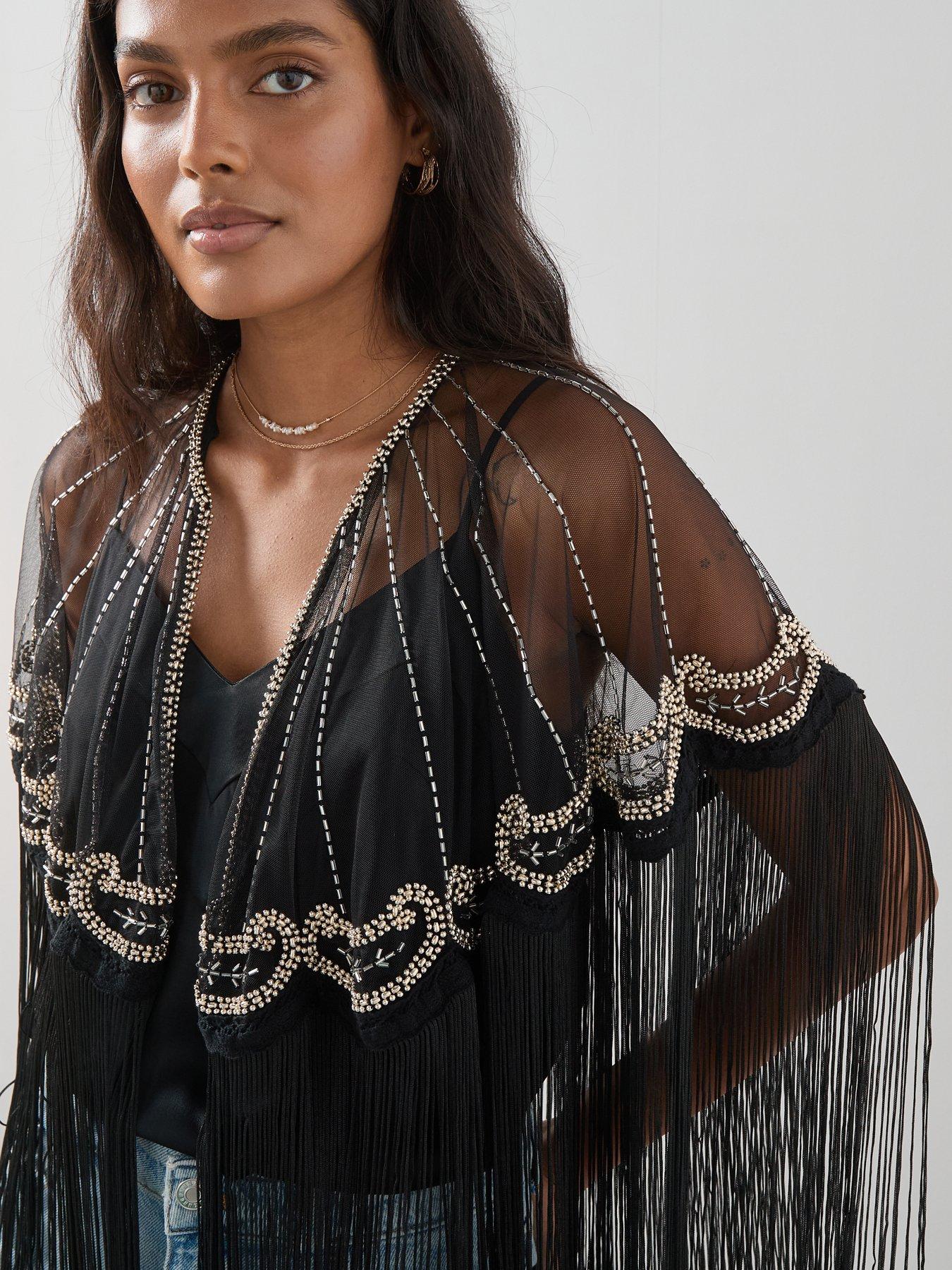  image of the-very-collection-embellished-detail-fringe-cape-black