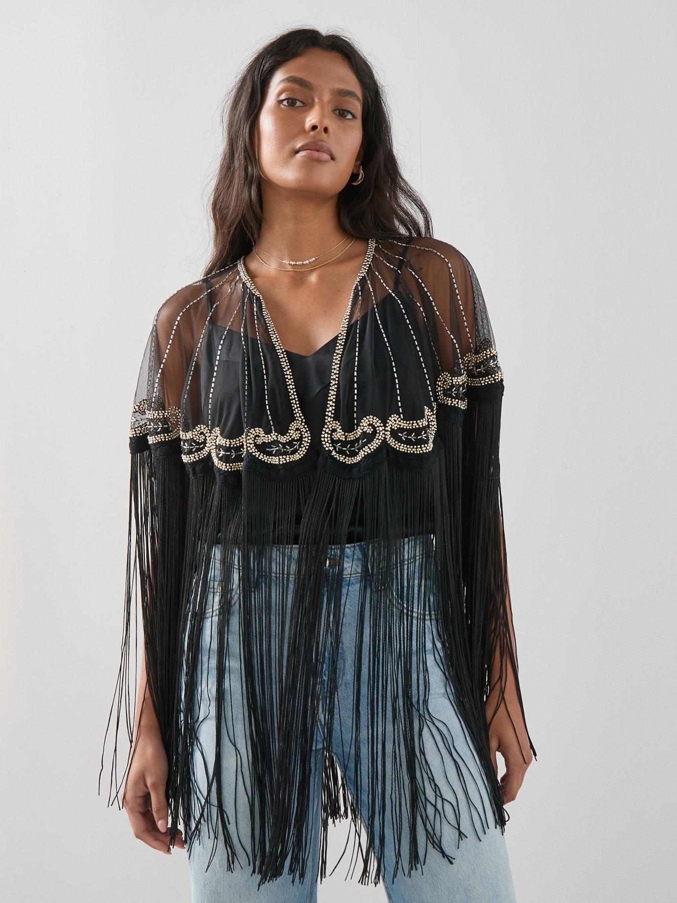  image of the-very-collection-embellished-detail-fringe-cape-black