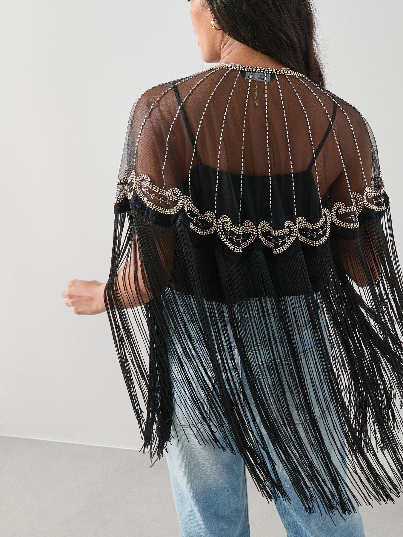  image of the-very-collection-embellished-detail-fringe-cape-black