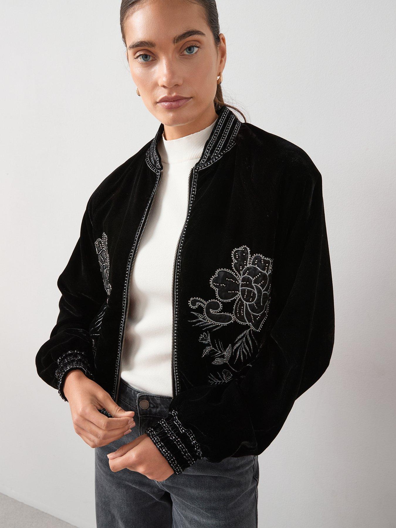 The Very Collection Velvet Embroidered Bomber Jacket - Black