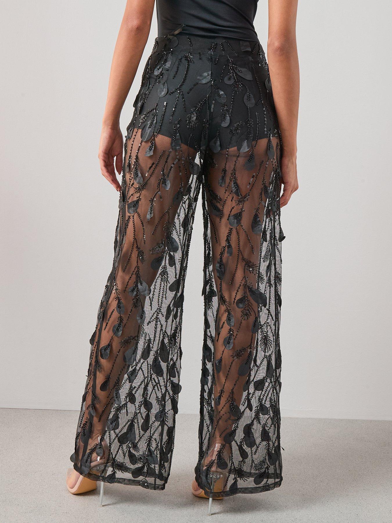 back image of the-very-collection-premium-sheer-embellished-wide-leg-trousers-black