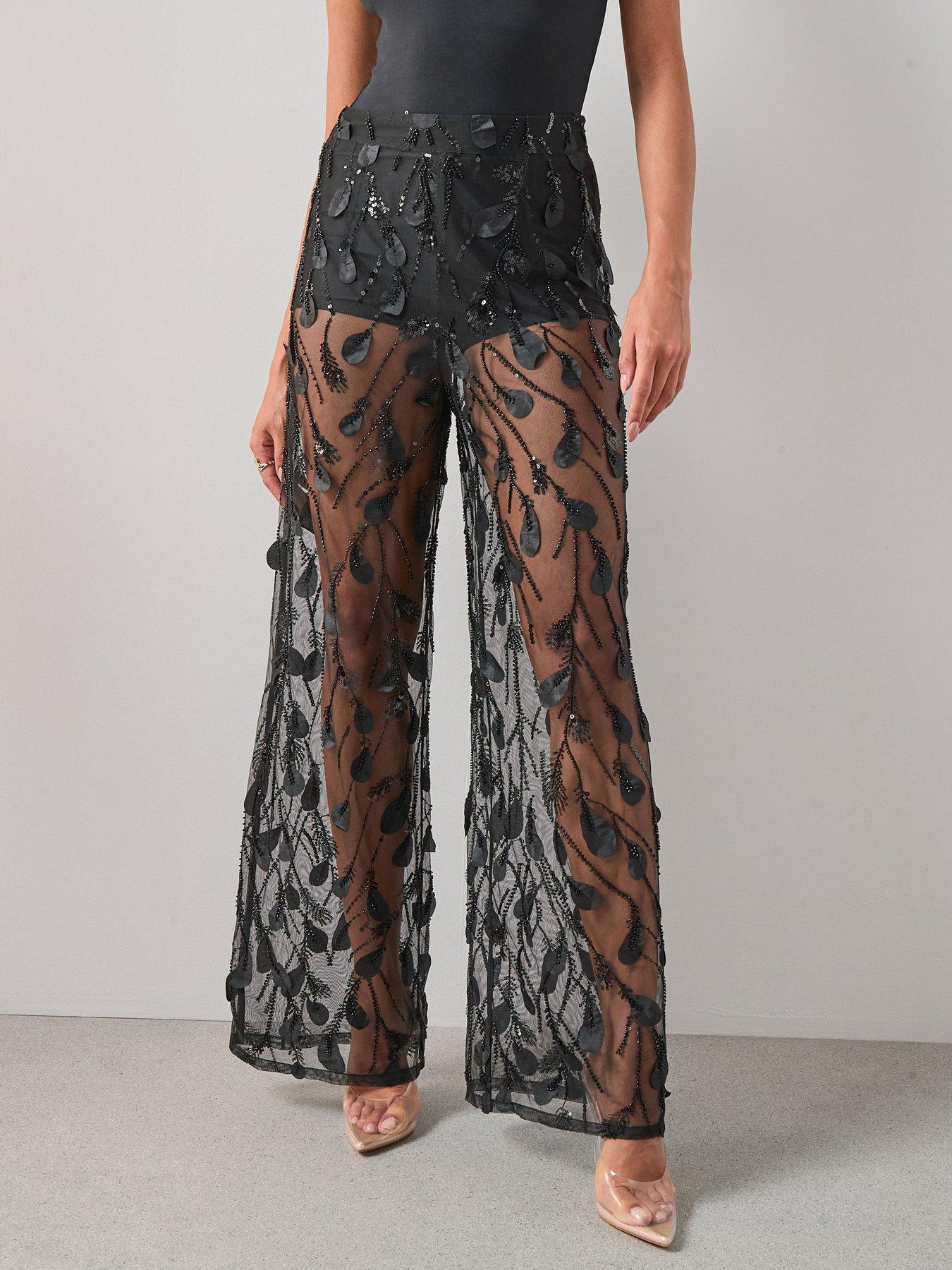  image of the-very-collection-premium-sheer-embellished-wide-leg-trousers-black