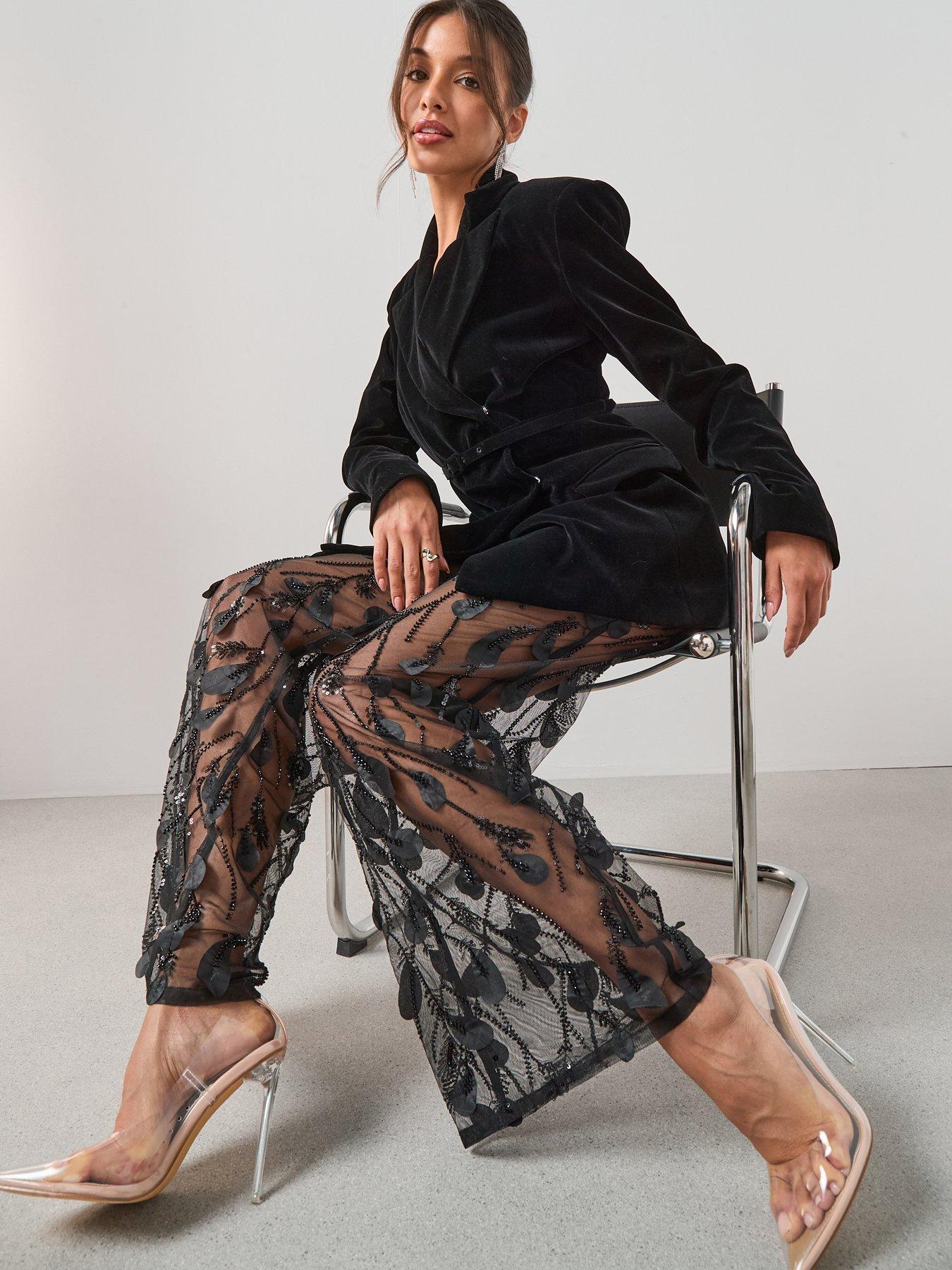  image of the-very-collection-premium-sheer-embellished-wide-leg-trousers-black
