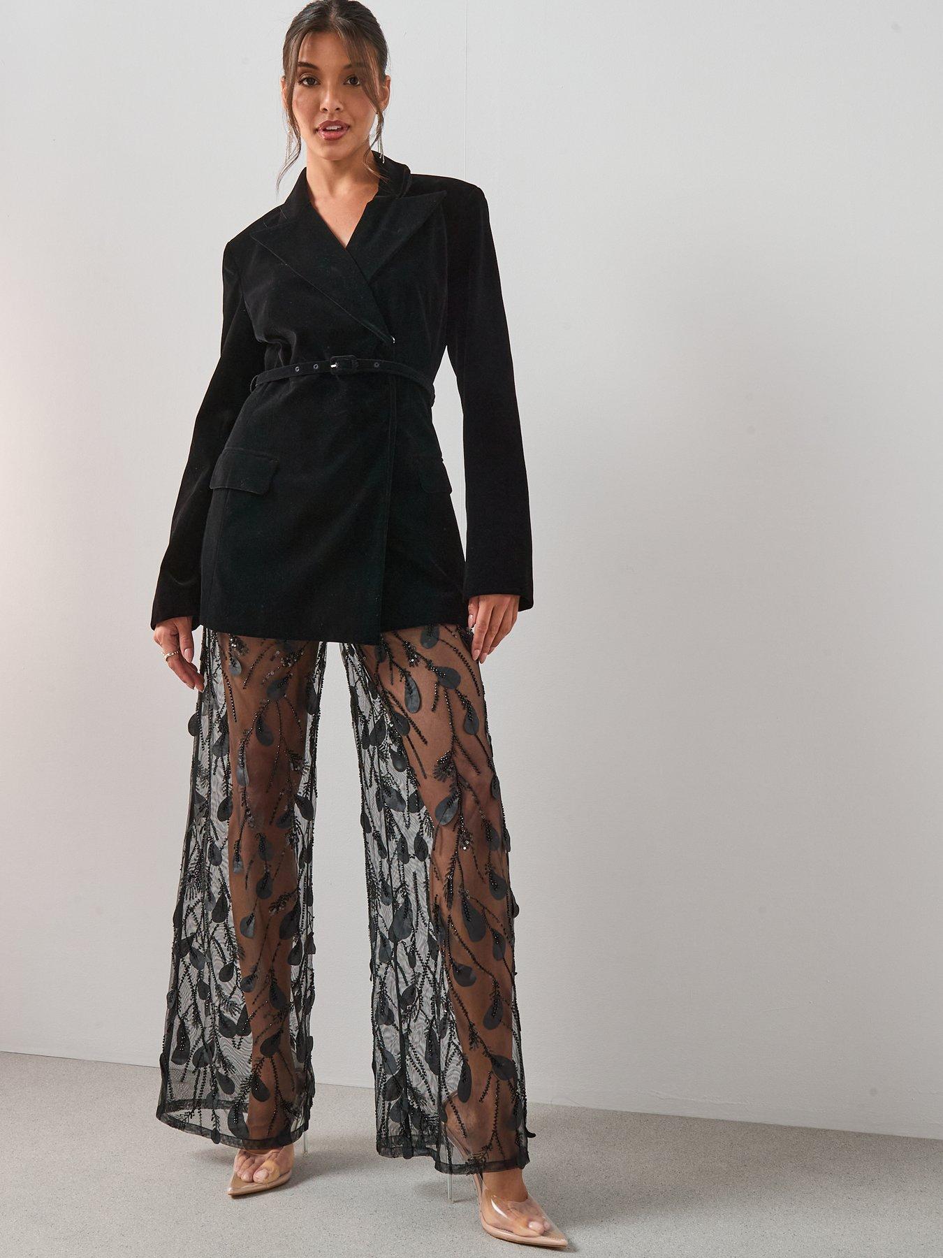  image of the-very-collection-premium-sheer-embellished-wide-leg-trousers-black