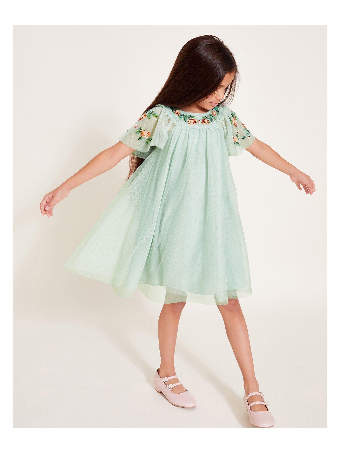 undefined Girls Evi Embellished Tulle Swing Dress - Green