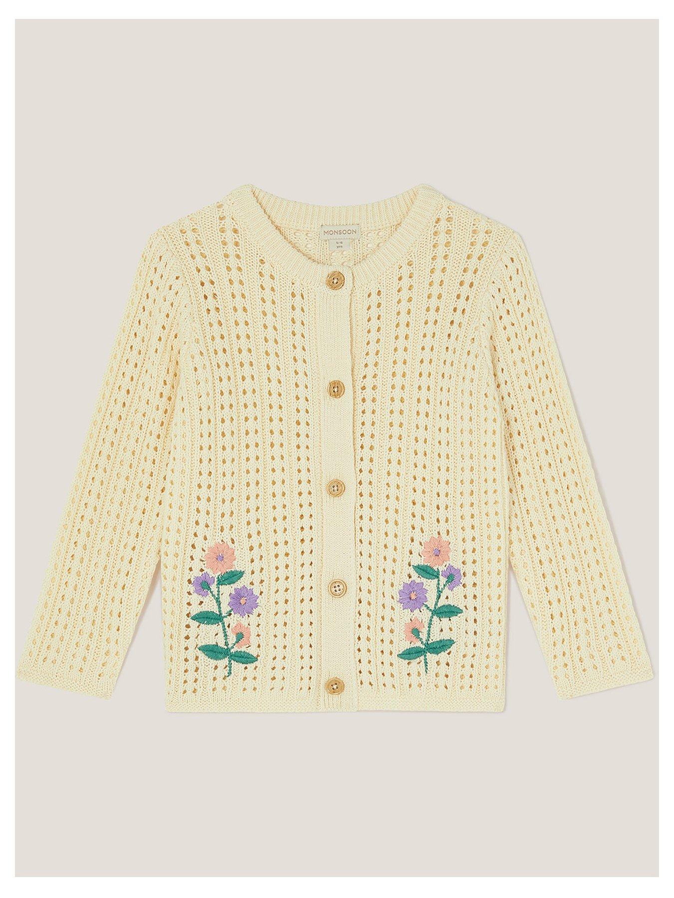 undefined Girls Crochet Knit Embroidered Co-ord Cardigan - Light Cream