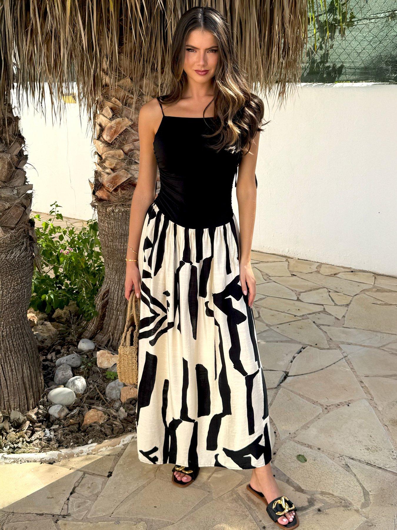 Image 1 of 4 of AX Paris Strappy Mono Print Maxi Dress - Multi