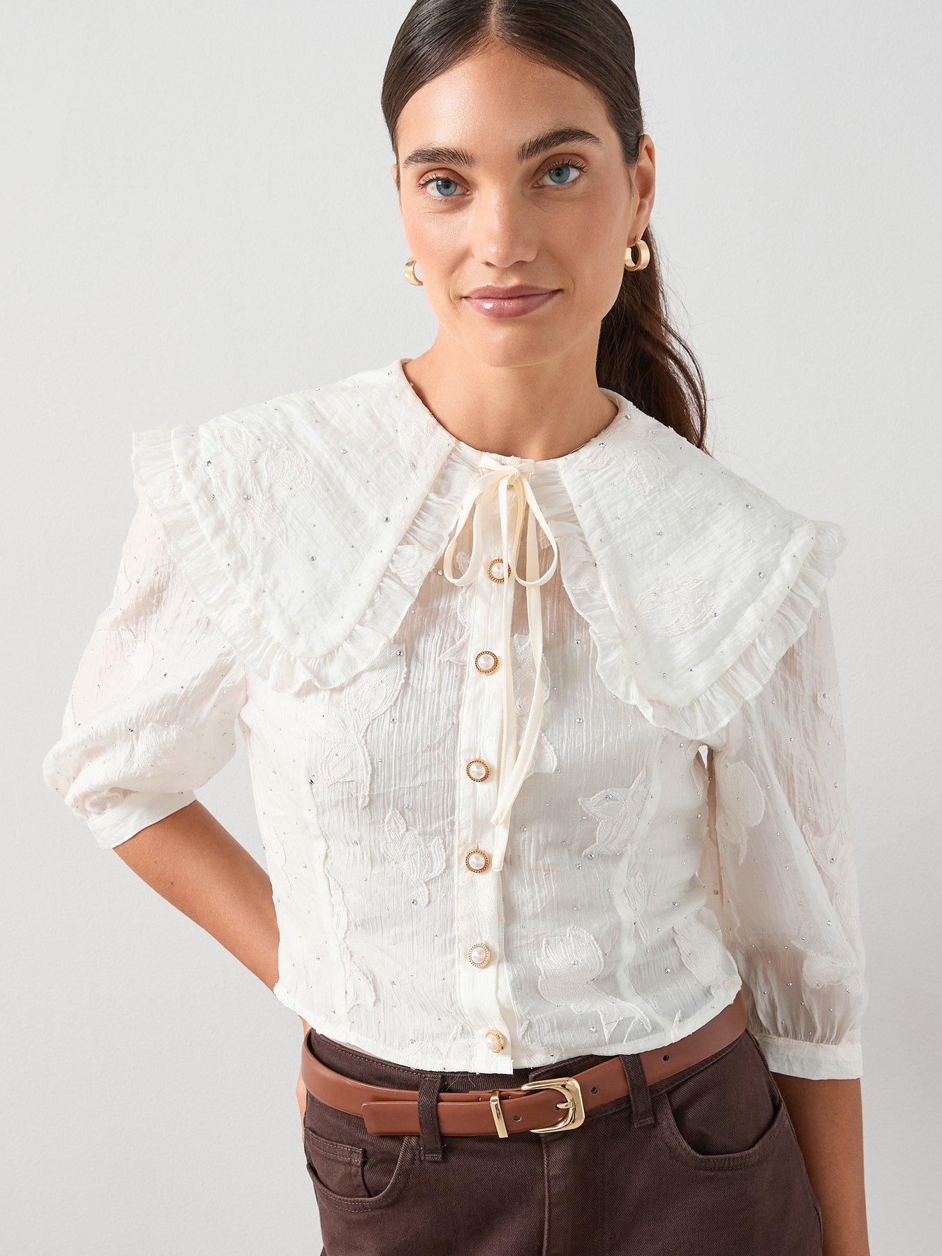 Image 1 of 7 of The Very Collection Embellished Peter Pan Collar Applique Tie Blouse - Cream&nbsp;