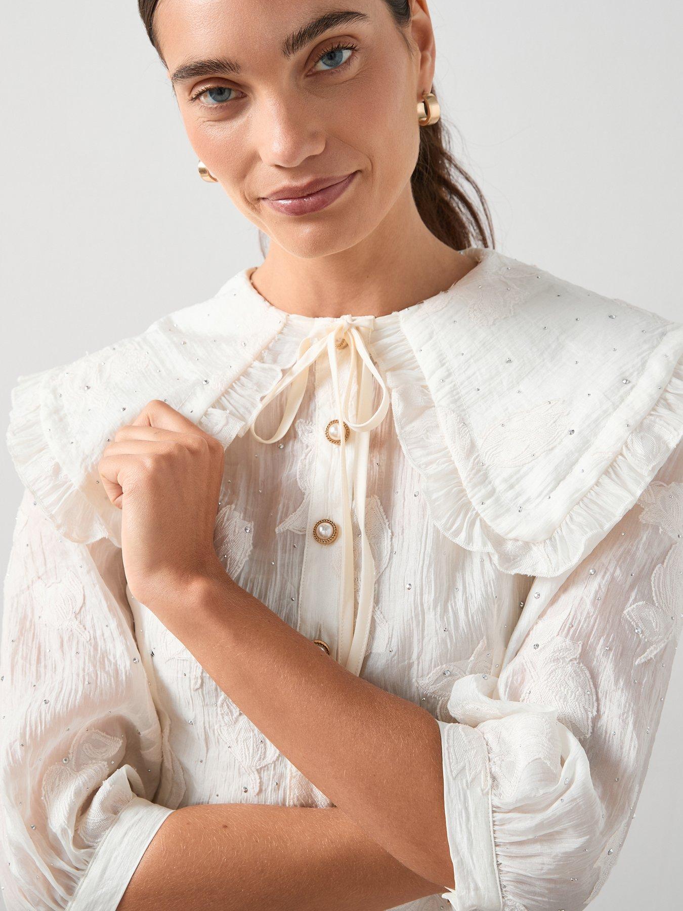 Image 4 of 7 of The Very Collection Embellished Peter Pan Collar Applique Tie Blouse - Cream&nbsp;