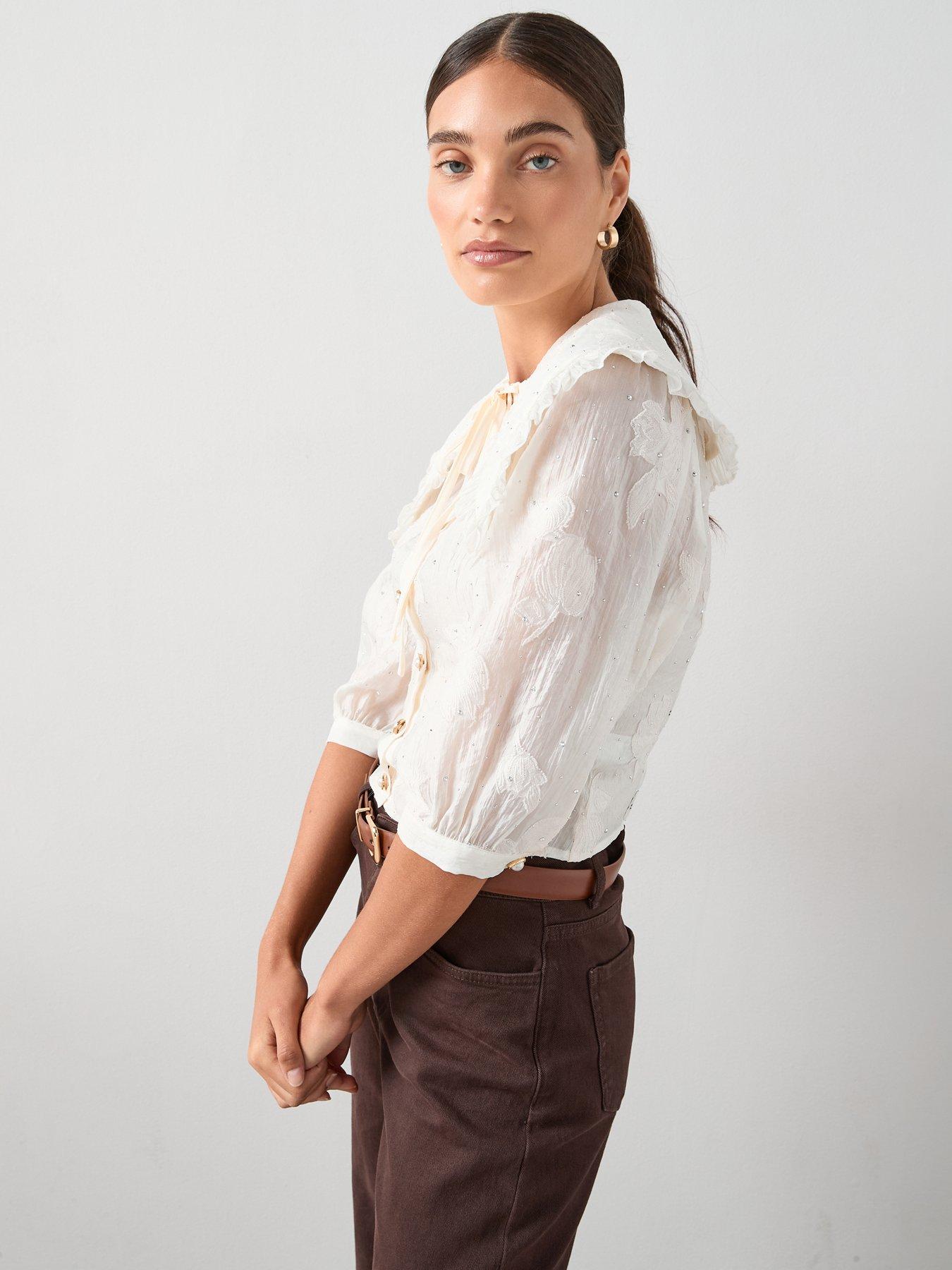 Image 5 of 7 of The Very Collection Embellished Peter Pan Collar Applique Tie Blouse - Cream&nbsp;