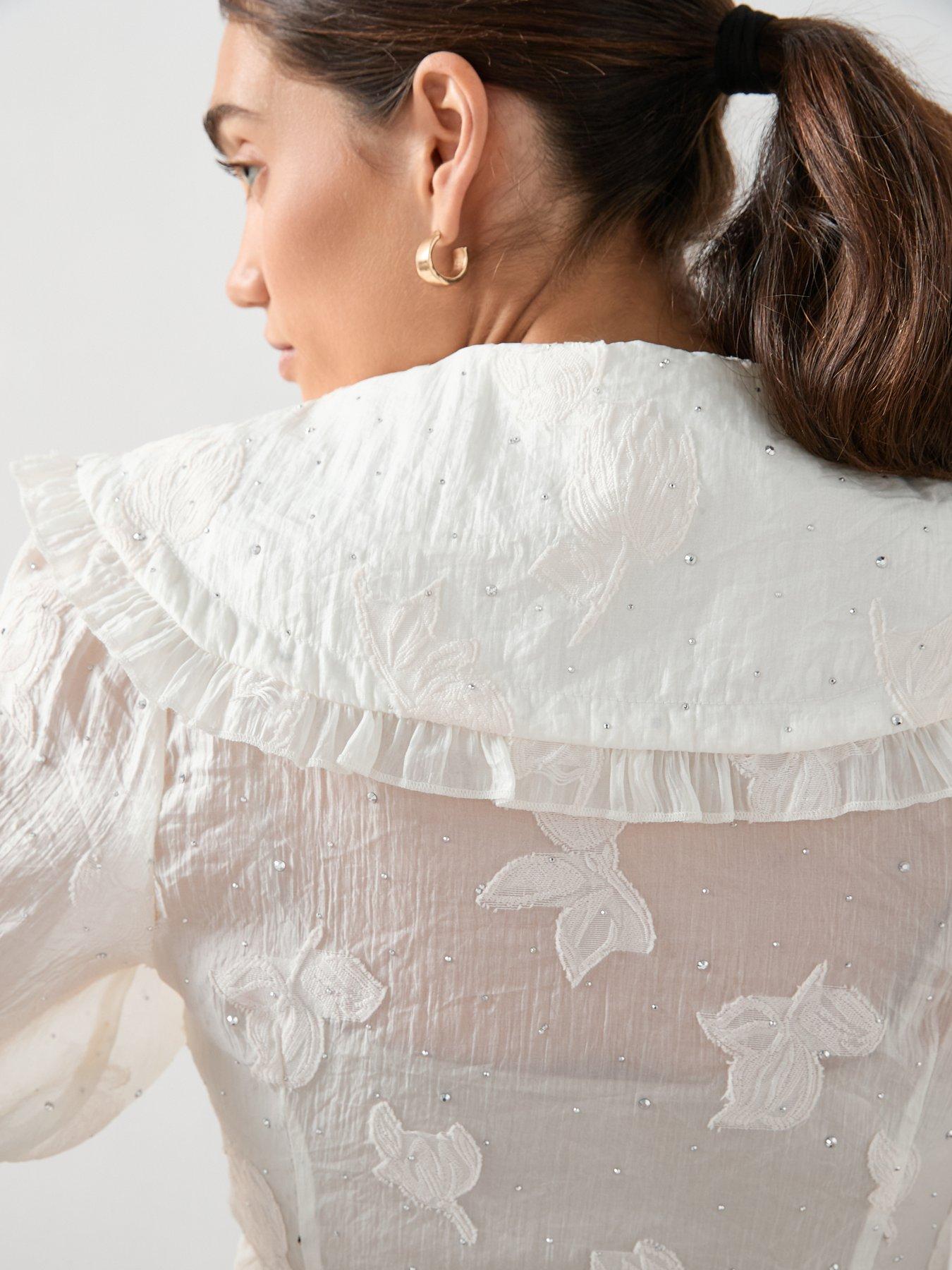 Image 6 of 7 of The Very Collection Embellished Peter Pan Collar Applique Tie Blouse - Cream&nbsp;
