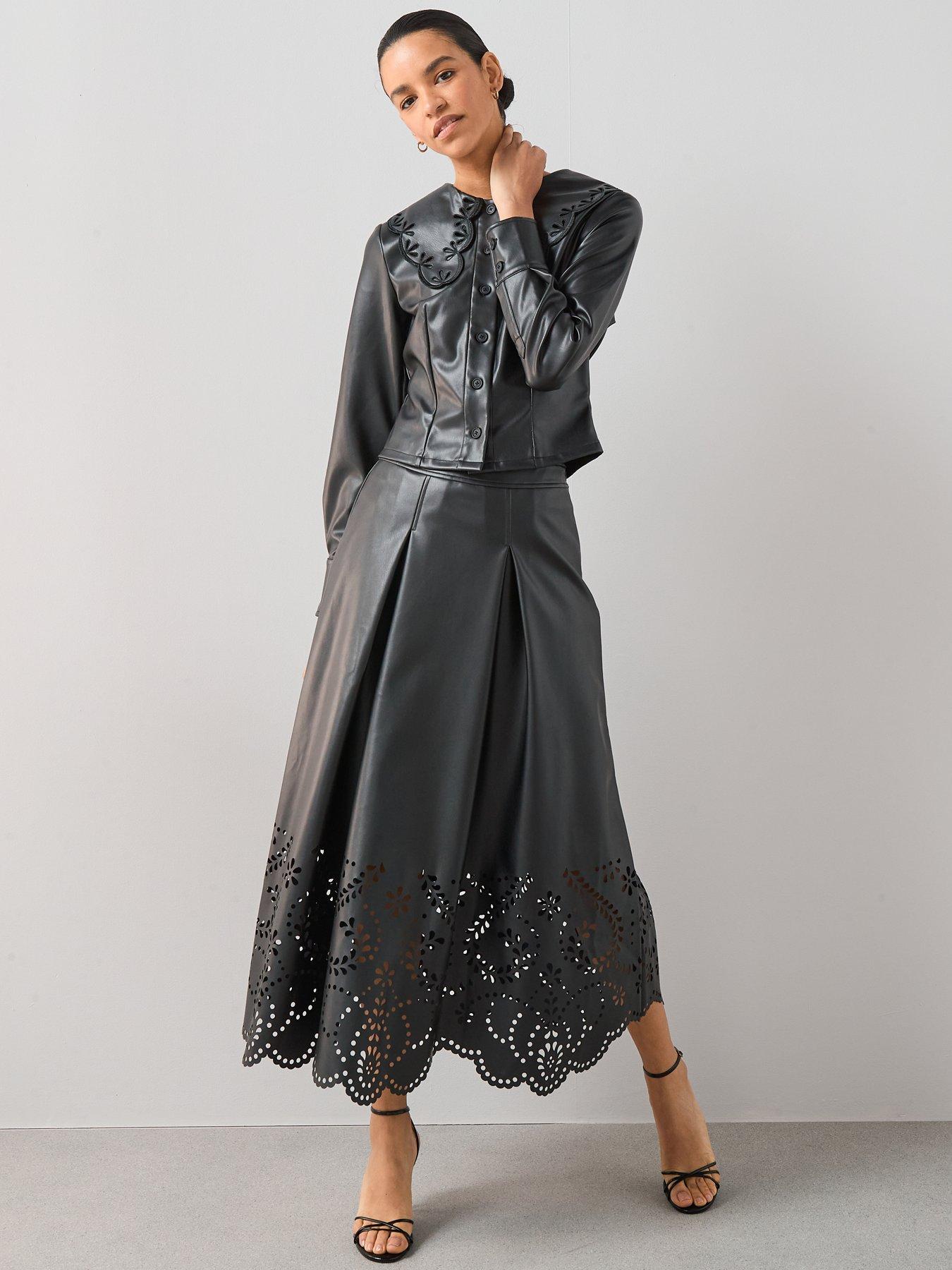 Image 3 of 7 of The Very Collection PU Cutwork Midi Skirt - Black