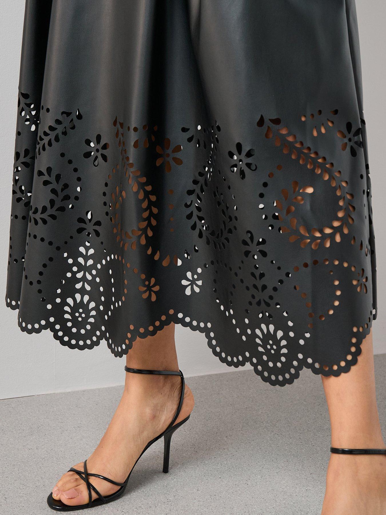 Image 4 of 7 of The Very Collection PU Cutwork Midi Skirt - Black