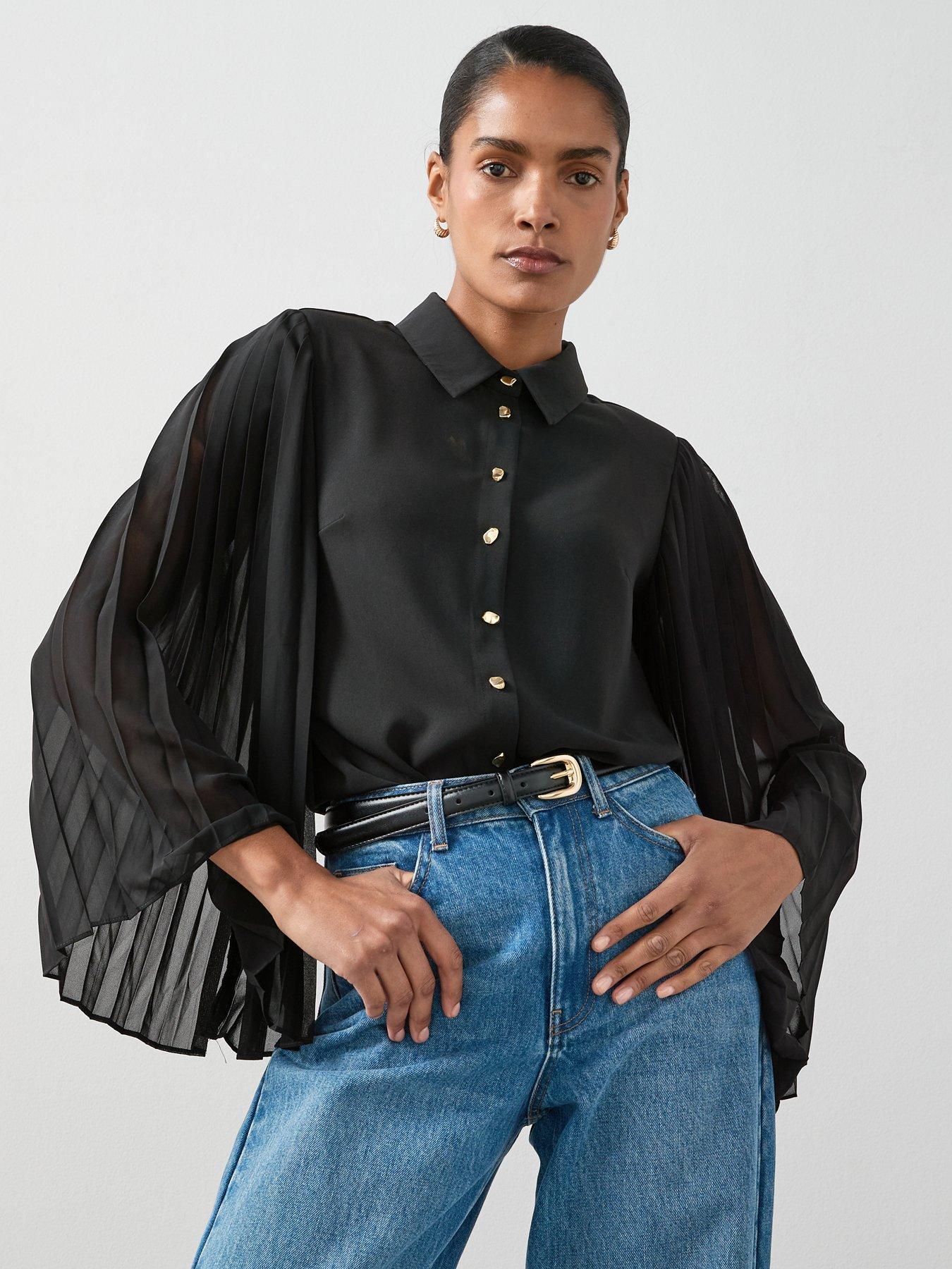 undefined Pleated Sleeve Button Through Shirt - Black