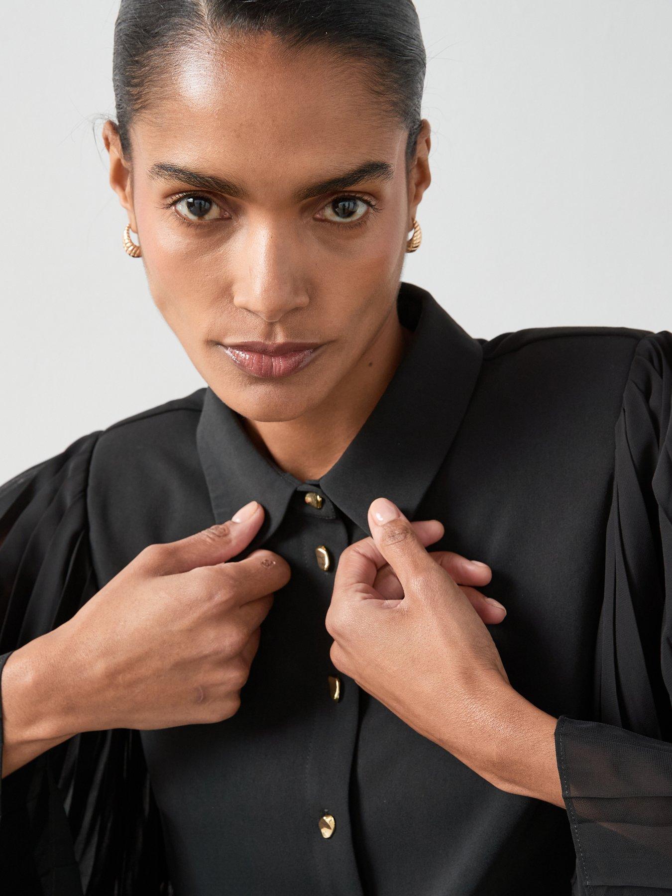 Image 4 of 6 of The Very Collection Pleated Sleeve Button Through Shirt - Black
