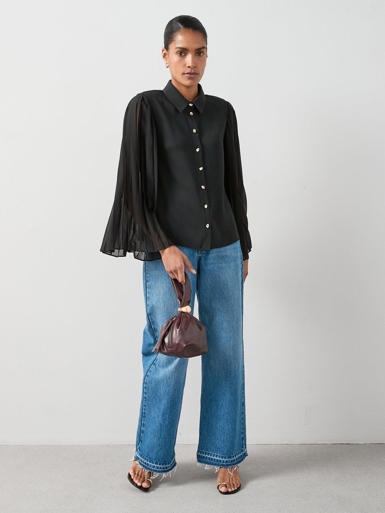Image 5 of 6 of The Very Collection Pleated Sleeve Button Through Shirt - Black