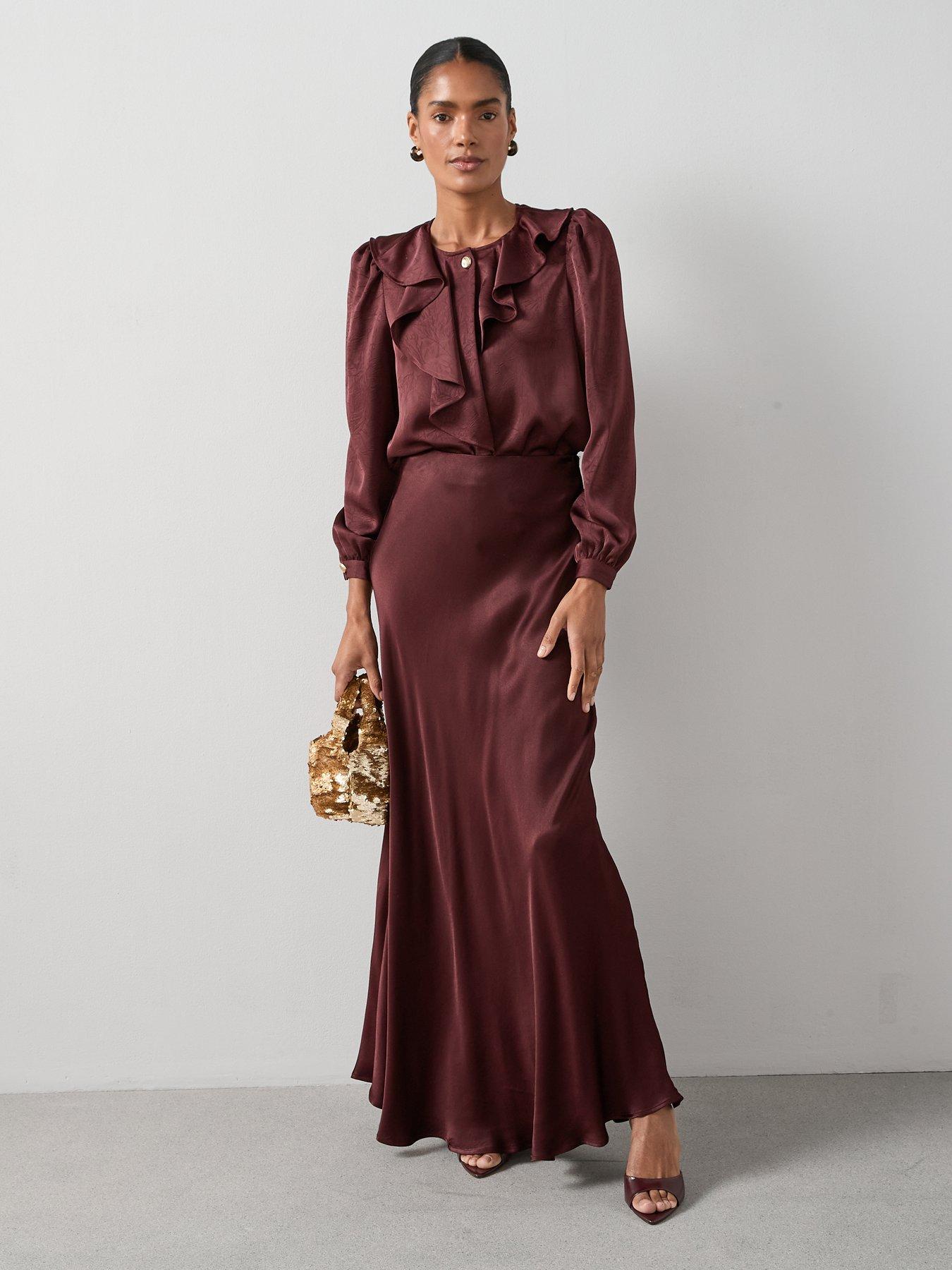  image of the-very-collection-satin-bias-cut-maxi-skirt-burgundy