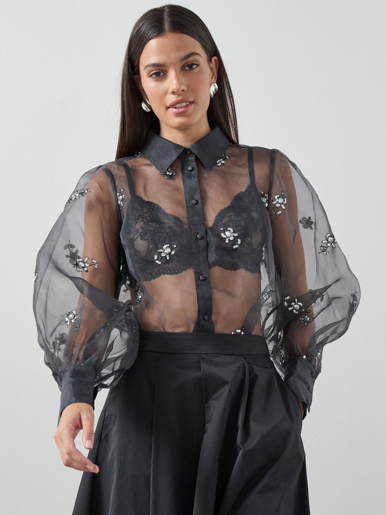 The Very Collection Embellished Organza Button Up Shirt - Grey