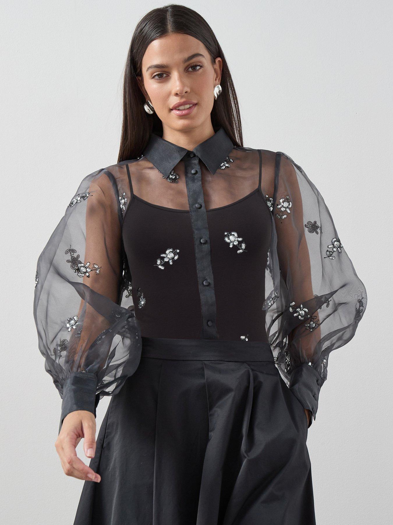 The Very Collection Embellished Organza Button Up Shirt - Grey