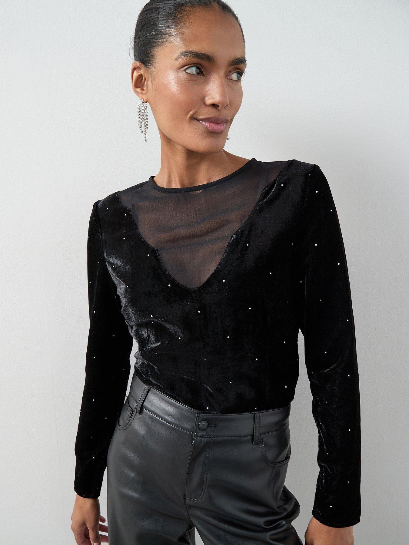 The Very Collection Mesh Panel Velvet Top - Black