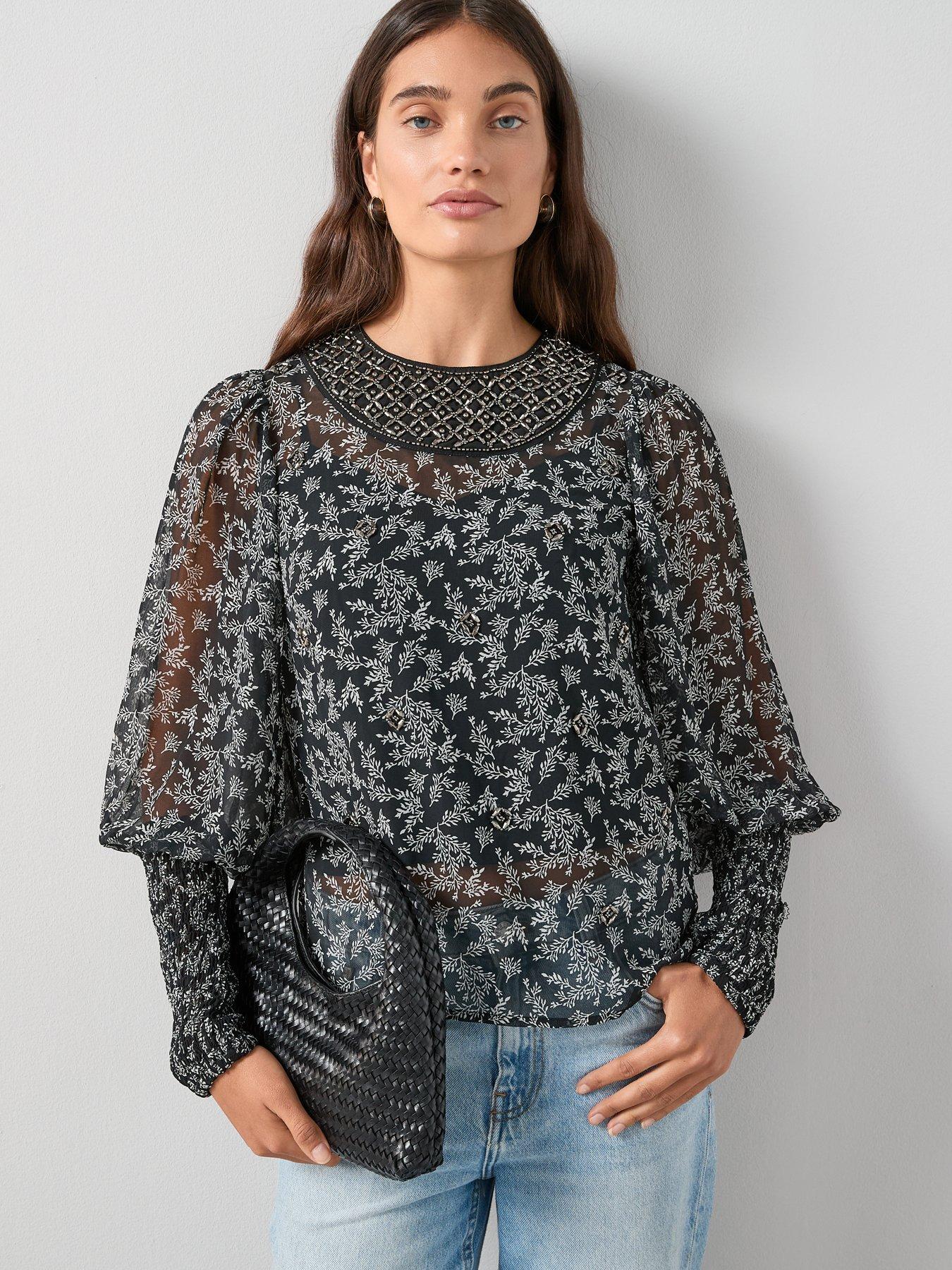 undefined Printed Embellished Collar Blouse - Black