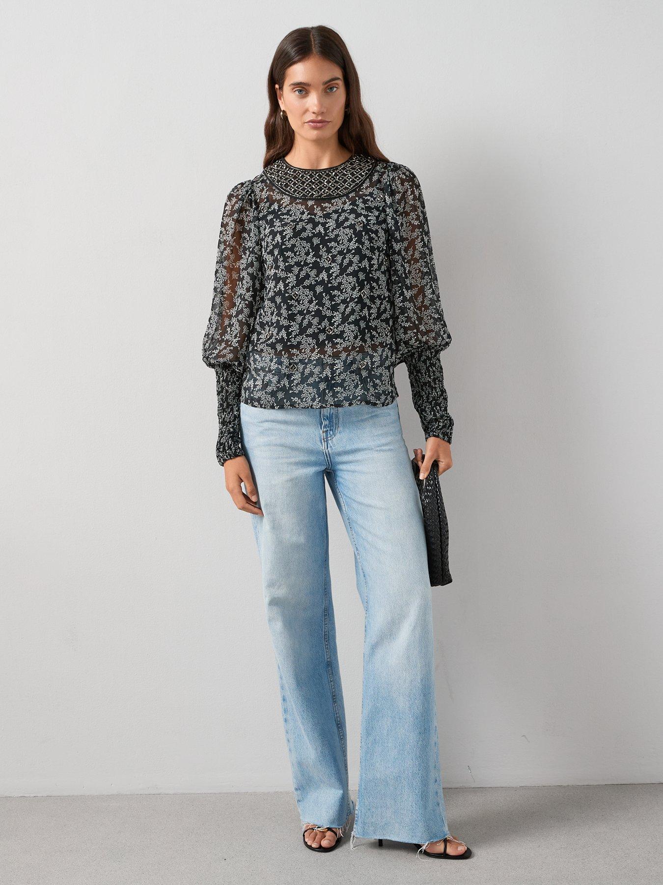 Image 3 of 6 of The Very Collection Printed Embellished Collar Blouse - Black