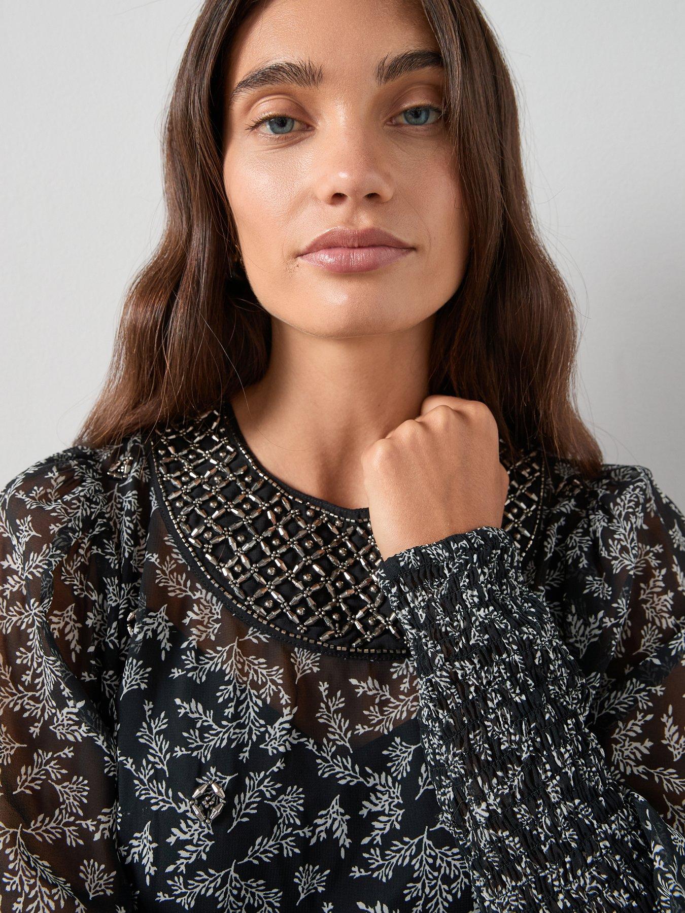 Image 4 of 6 of The Very Collection Printed Embellished Collar Blouse - Black