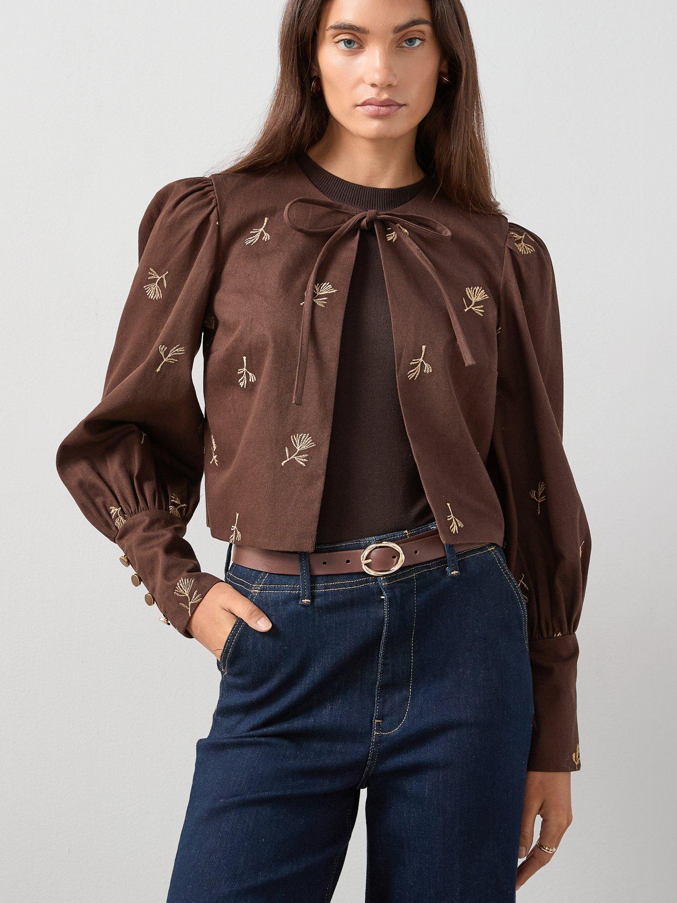 undefined Embroidered Puff Sleeve Jacket - Brown