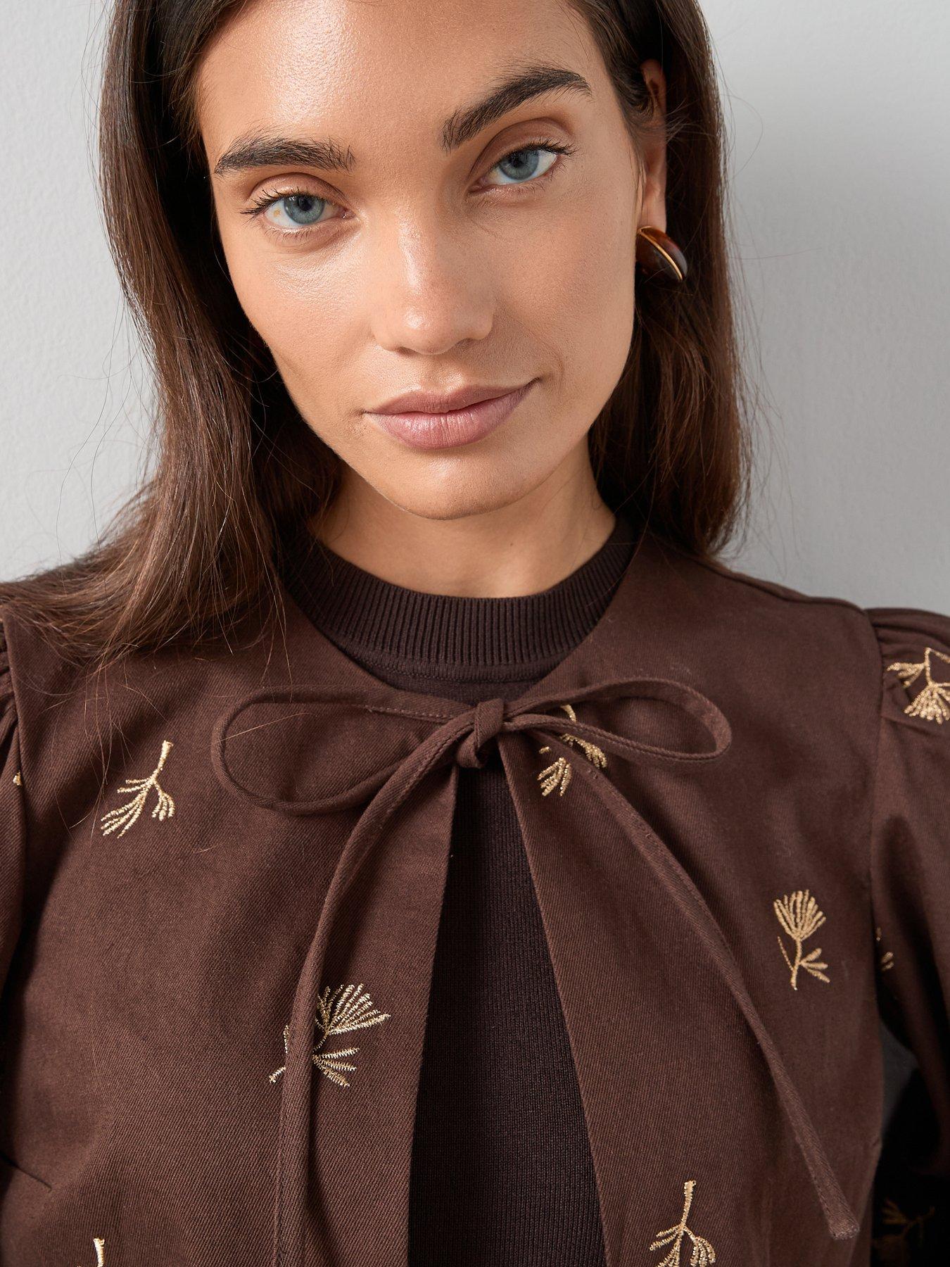 Image 4 of 6 of The Very Collection Embroidered Puff Sleeve Jacket - Brown